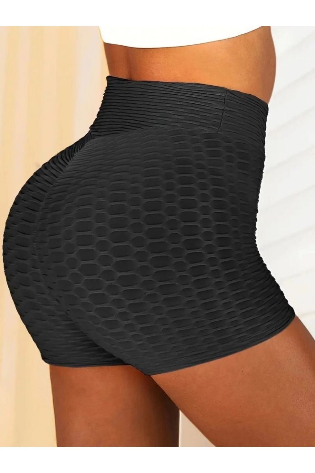Butik Kadın Arkası Büzgülü Kendinden Desenli Toparlayıcı Mini Tayt