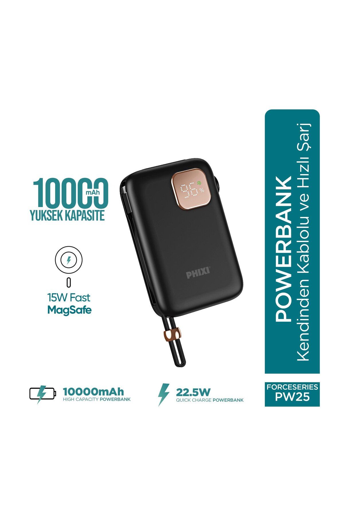 Phixi Force PW25 10000mAh 22.5W Kendinden Kablolu MagSafe Powerbank - Kablosuz Mini Şarj Cihazı - Di