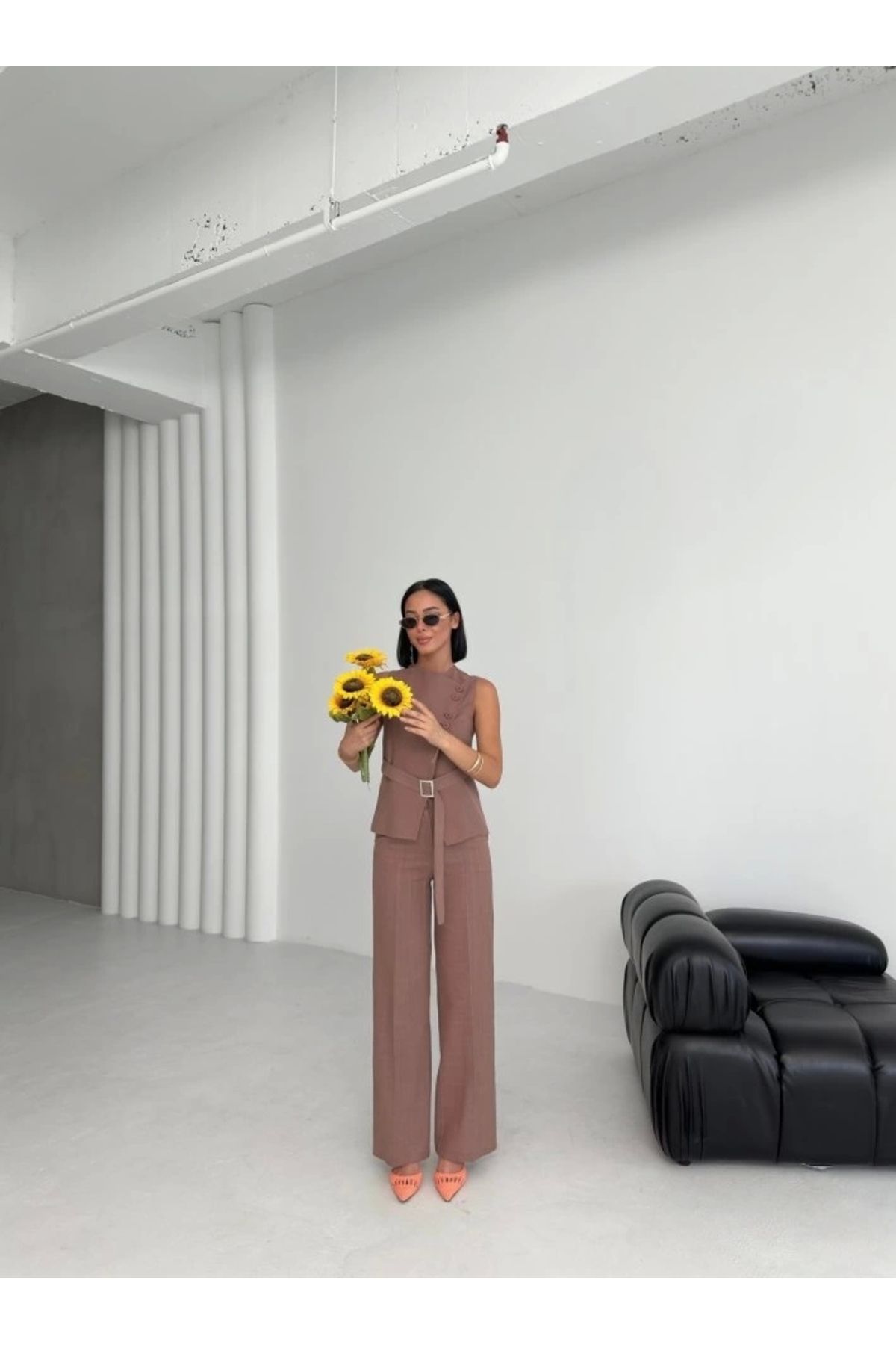 Butik Tina Asimetrik Keten Yelek Pantolon Takim