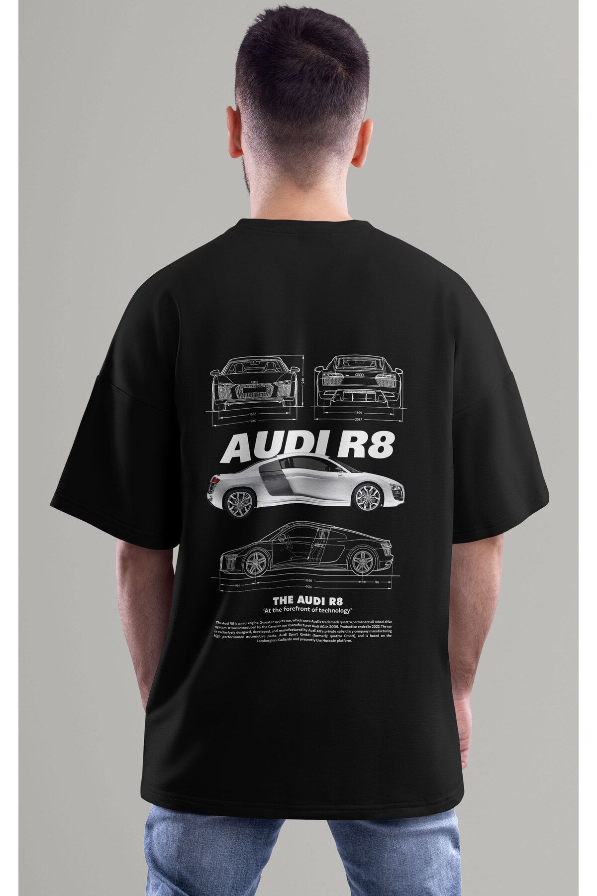 ELFAMİ Unisex Erkek/Kadın AUDI R8 Renkli Özel Baskılı Oversize Pamuklu Bisiklet Yaka T-Shirt Tişört