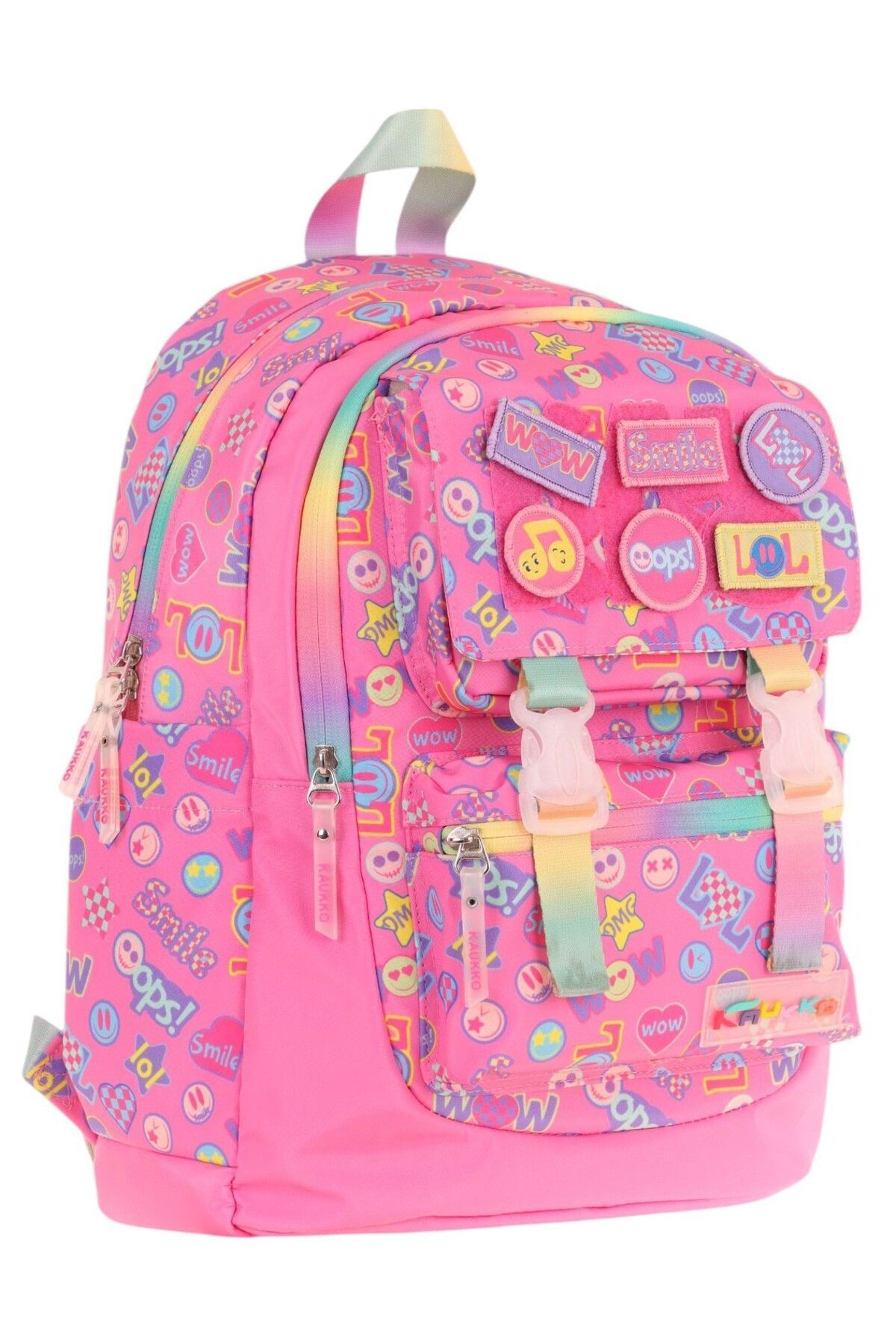 KAUKKO Kids Kız Çocuk Armalı Yazı Desenli İlkokul Okul Sırt Çantası (Dört Bölmeli) - Pembe - L5237