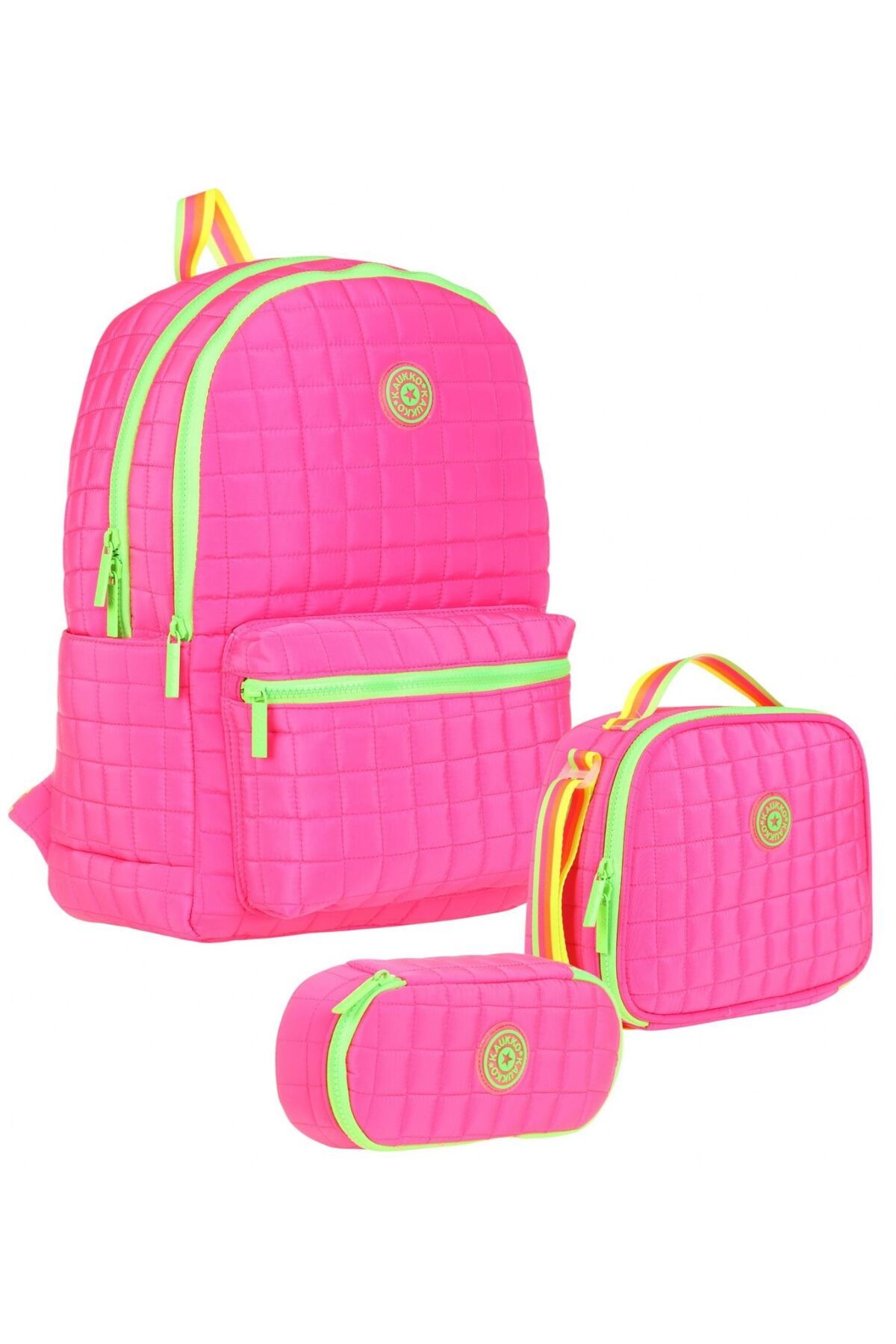 KAUKKO Quilted Pembe Yeşil Kapitone Üçlü Okul Çantası Seti - Kız Çocuk