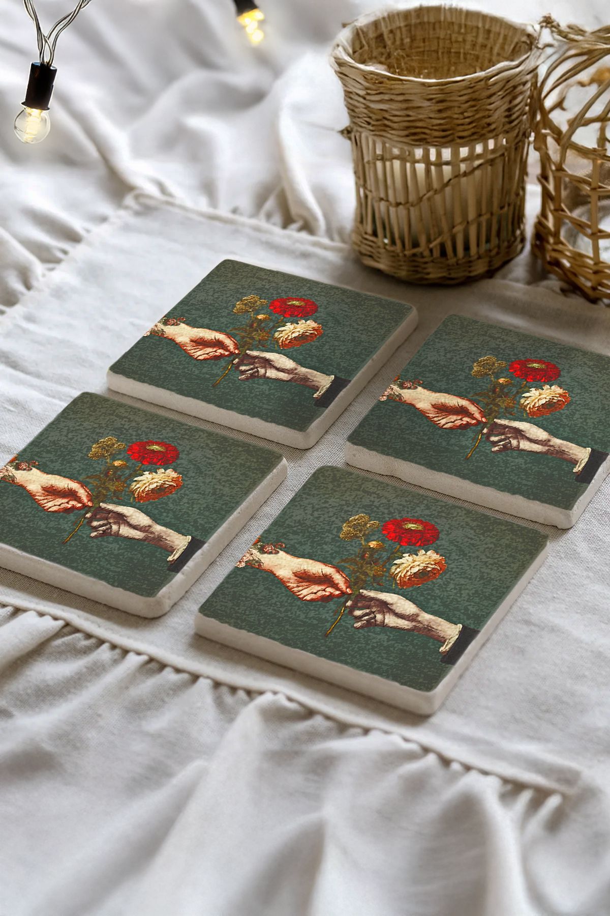 Sionar Valessina Taş Traverten Fincan Bardak Altlığı 4'lü Set 10x10x1cm