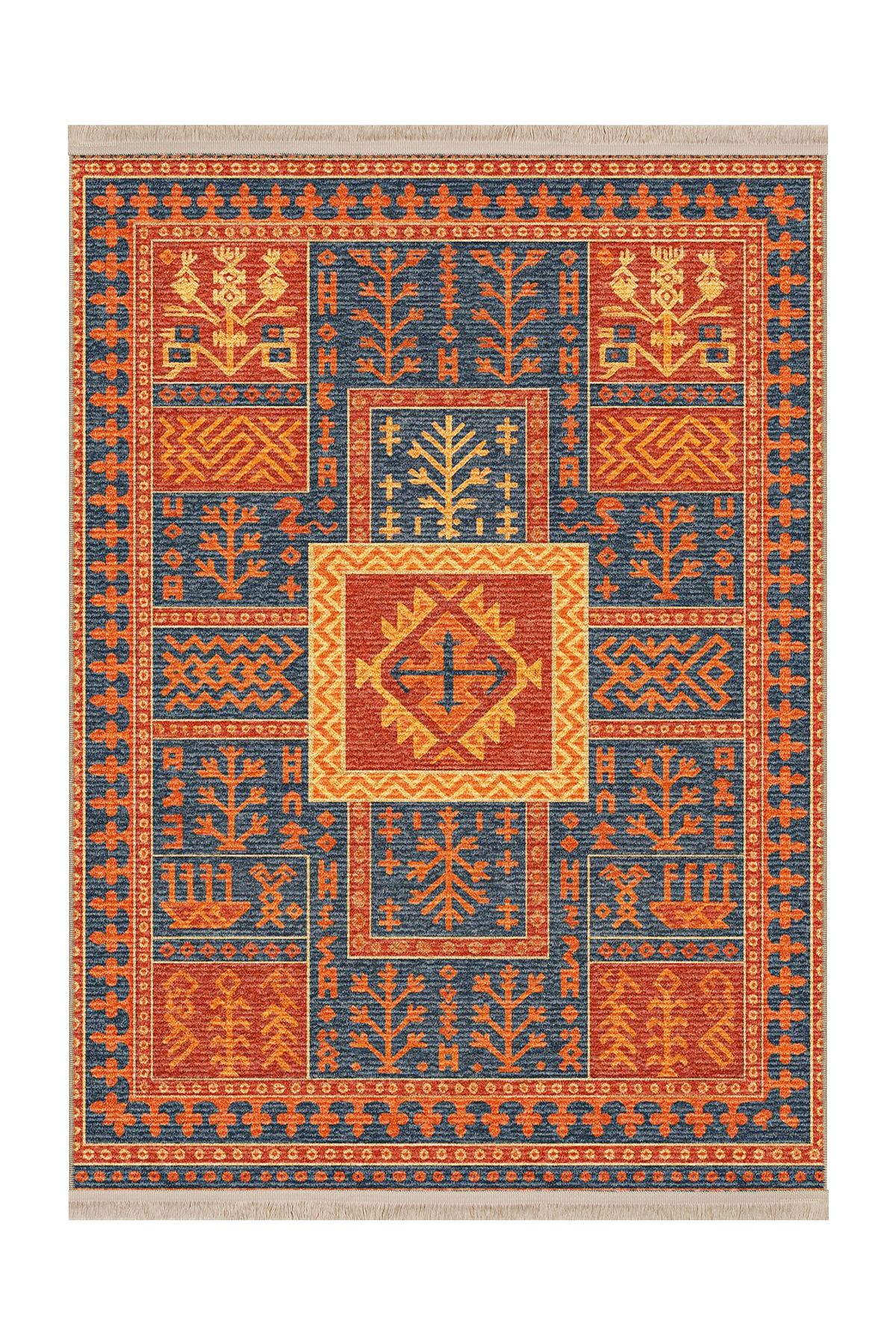 Rugs Modern Halı MOSSO Turuncu Gri Etnik Desenli Saçaklı Dokuma Taban Modern Dekoratif Halı mosso02