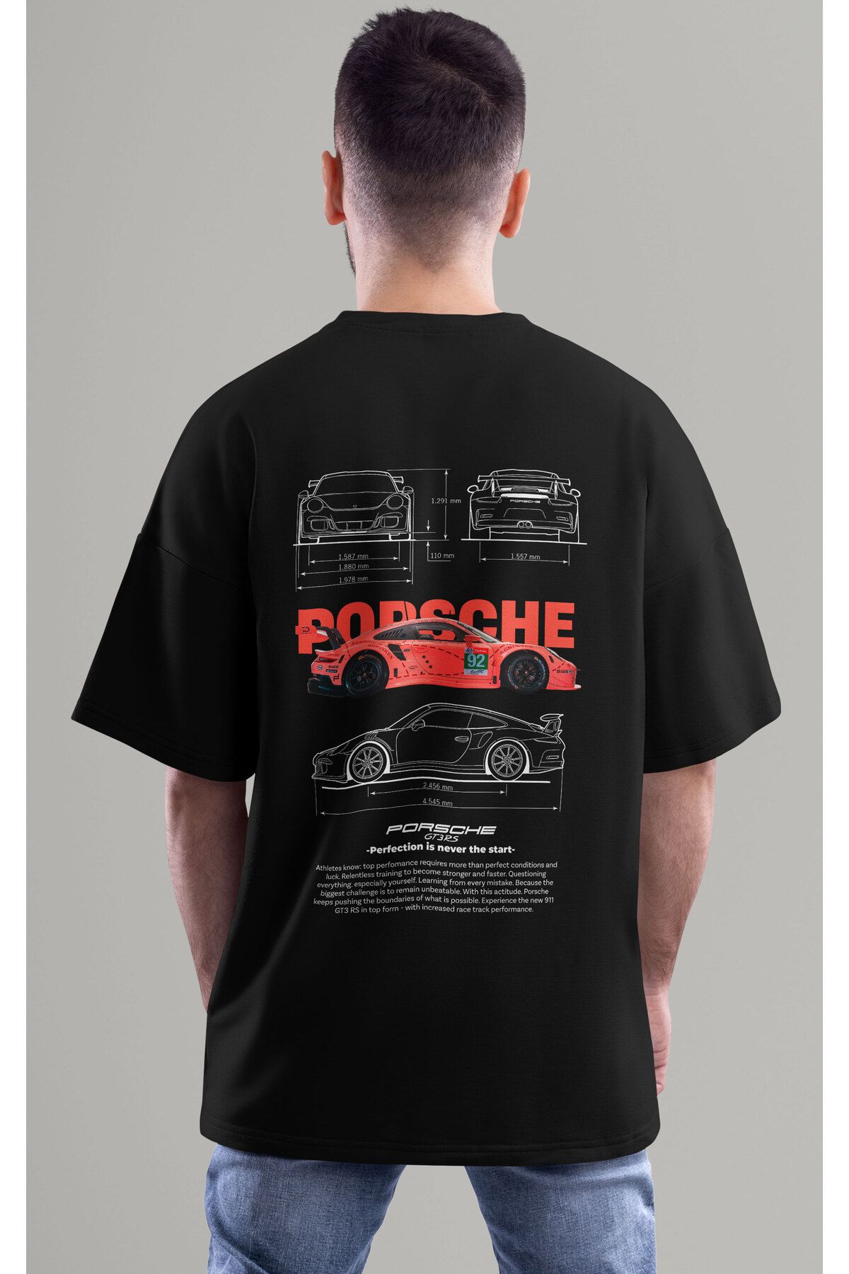 ELFAMİ Unisex Erkek/Kadın PORSCHE GT3 Renkli Özel Baskılı Oversize Pamuklu Bisiklet Yaka T-Shirt Tişört