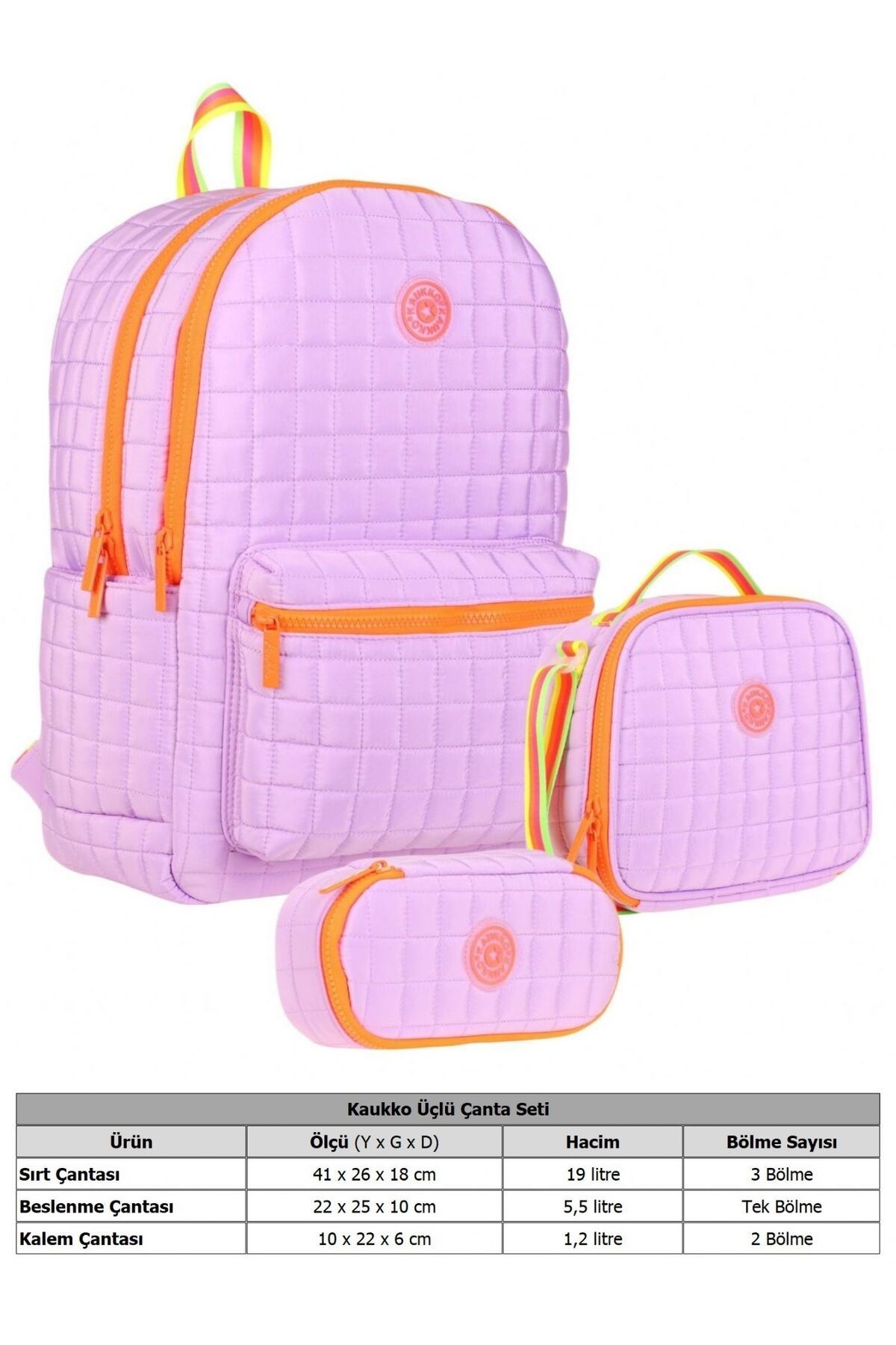 KAUKKO-Set ghiozdan matlasat violet portocaliu matlasat triplu - fetiță 3