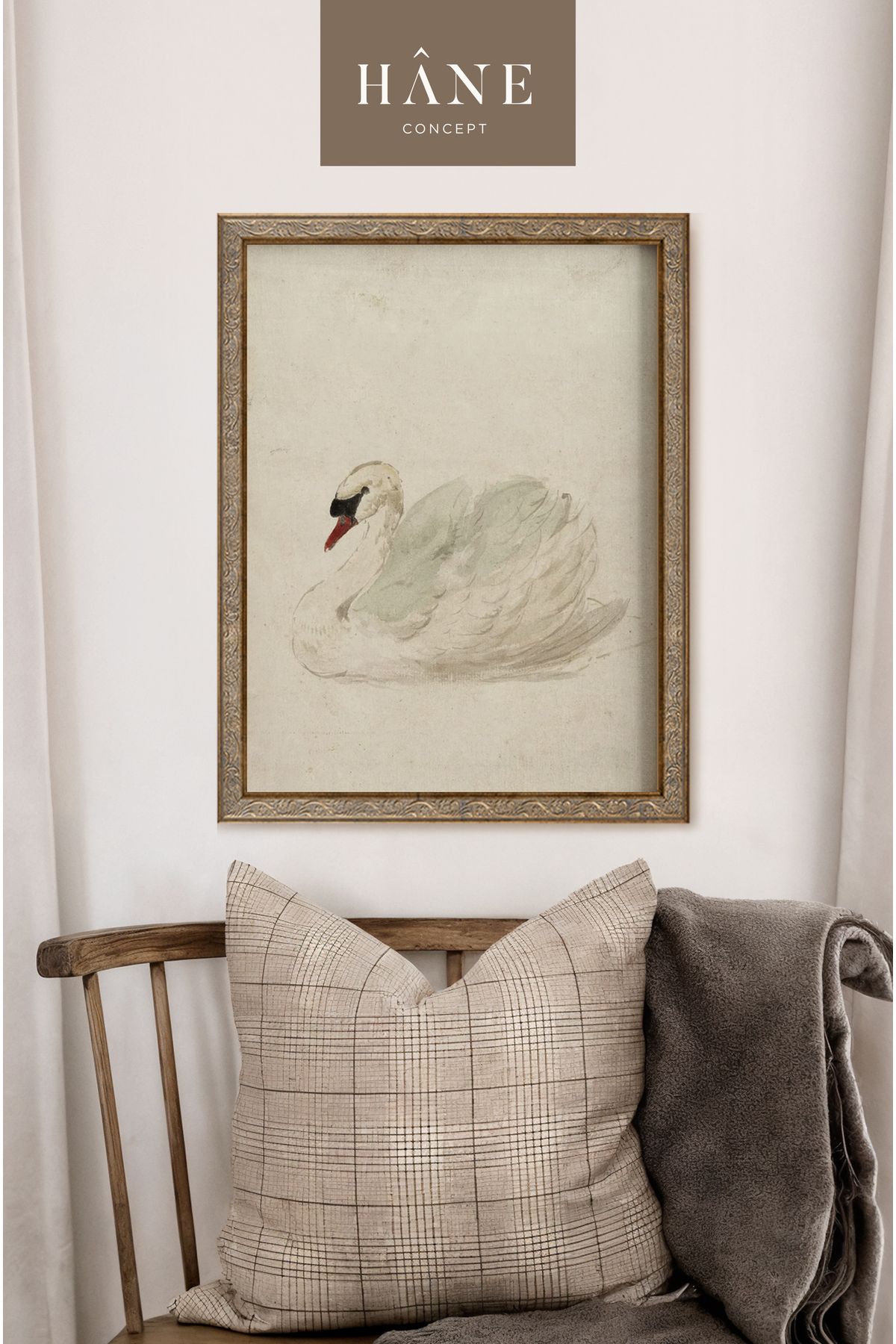 Hane Concept Rustik Çerçeveli Kuğu Baskısı, Klasik Çerçeveli Vintage Duvar Sanatı, Hâne Concept Özel Tasarım