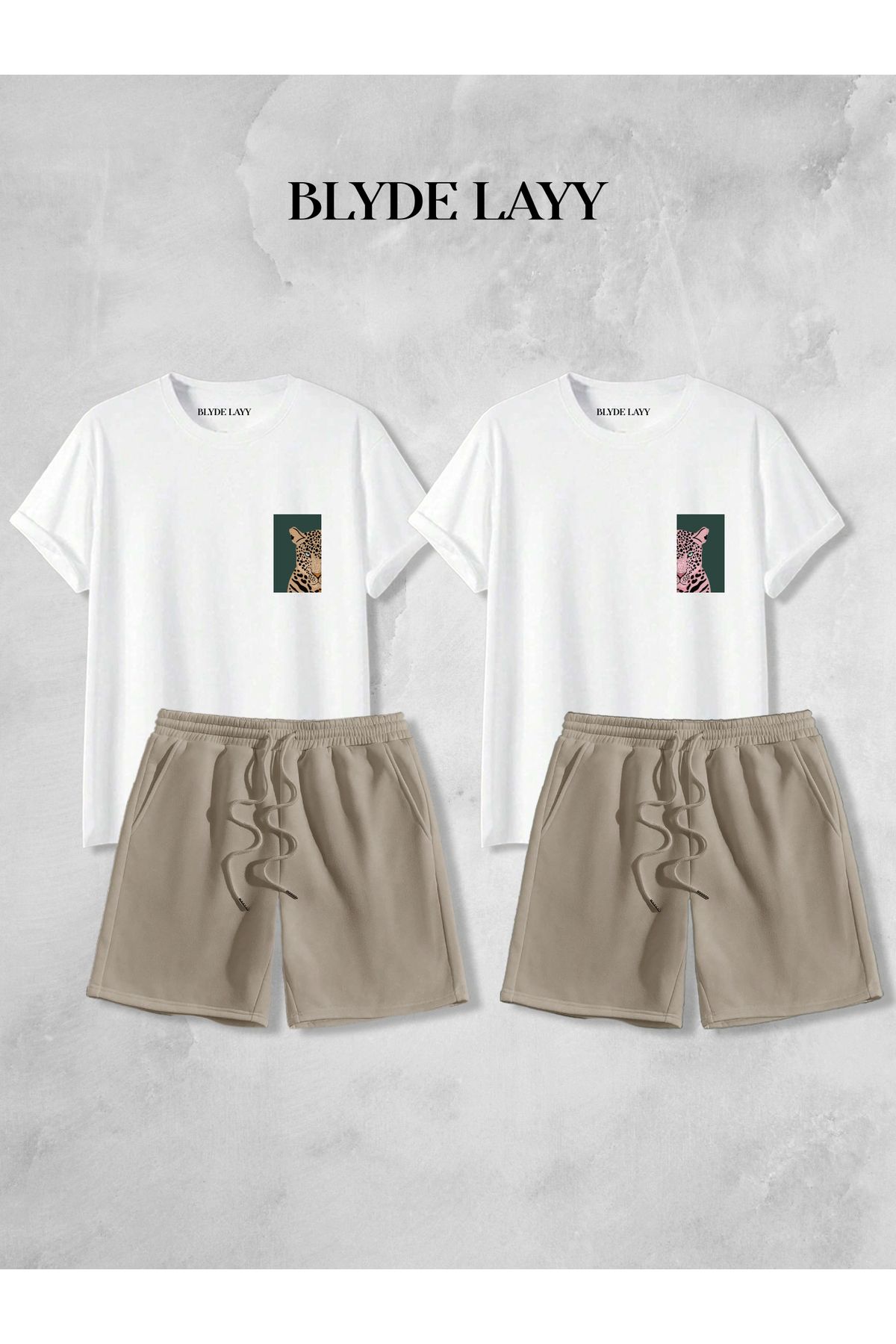 BLYDE LAYY Unisex 2'li Leopar Baskılı Blyde Layy Tasarım Sevgili Kombini (2 Şort - 2 T-shirt Takım)