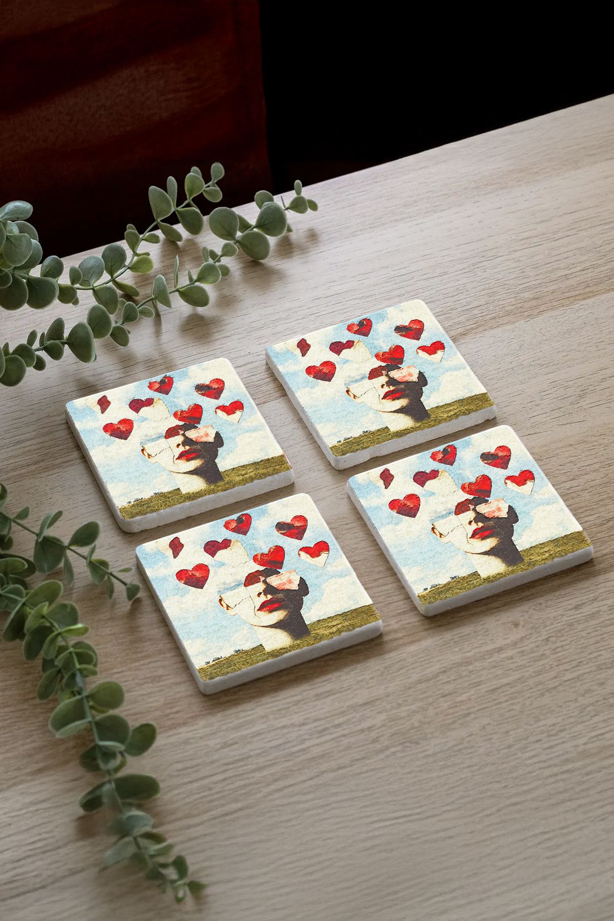 Sionar Isadorelle Desenleri Taş Traverten Fincan Bardak Altlığı 4'lü Set 10x10x1cm