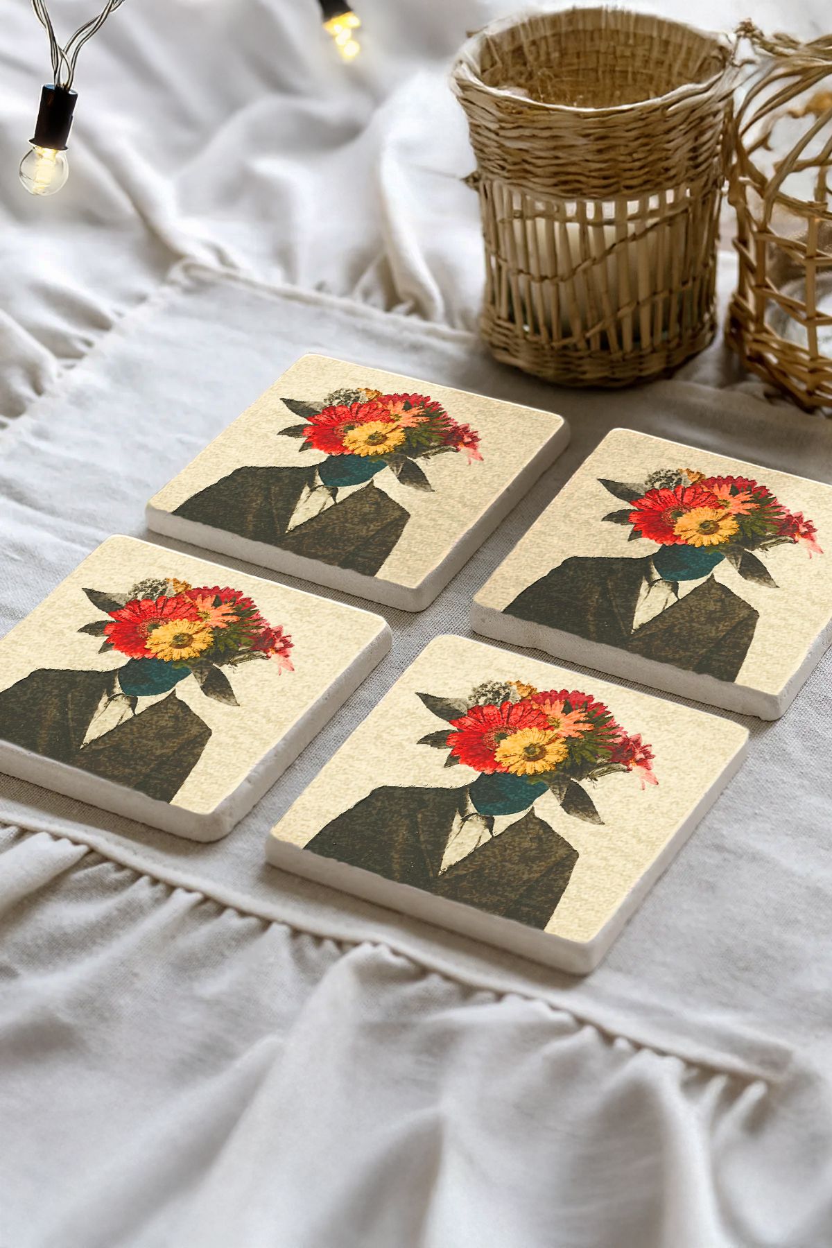 Sionar Sabellaria Desenleri Taş Traverten Fincan Bardak Altlığı 4'lü Set 10x10x1cm