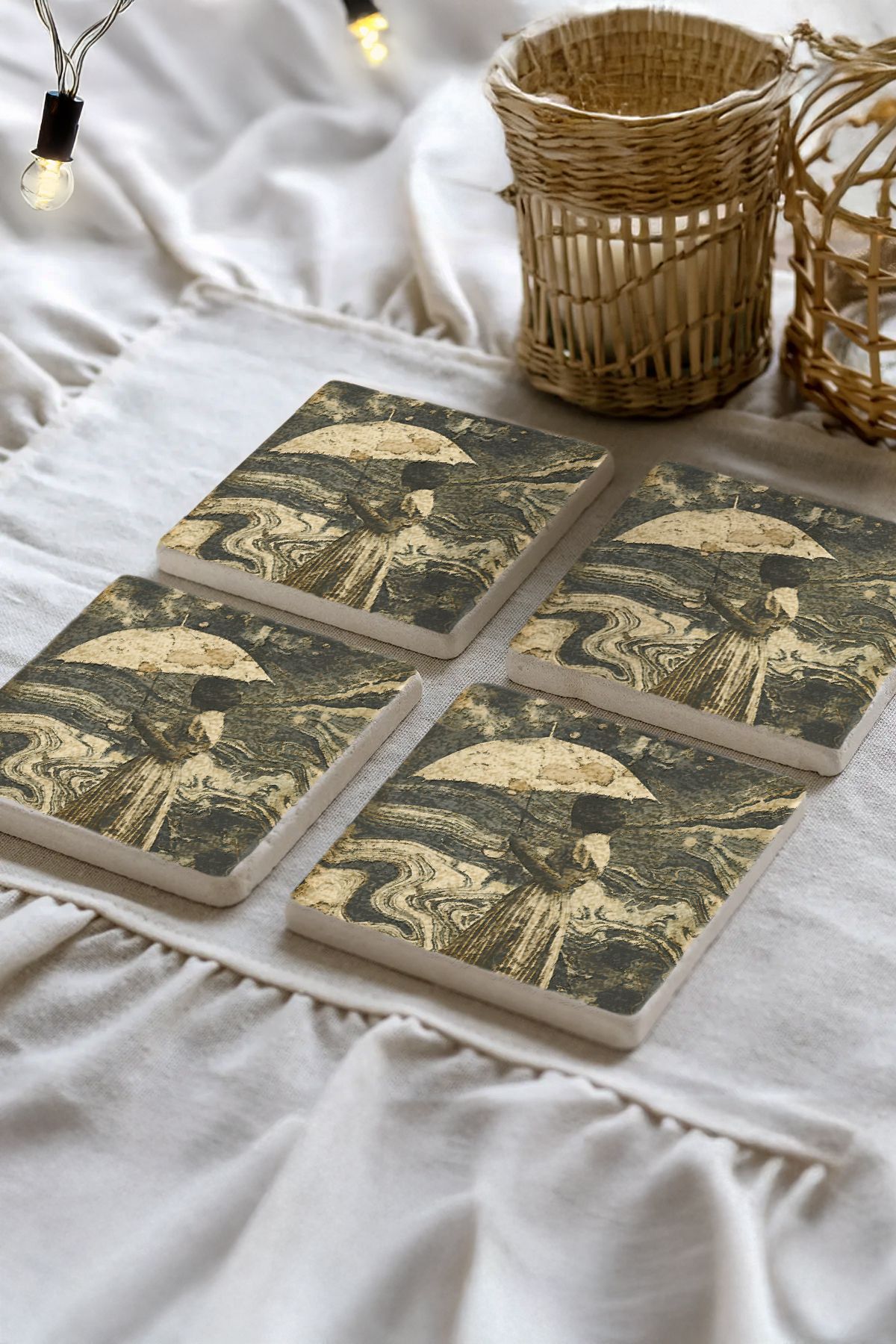 Sionar Aurelithia Desenleri Taş Traverten Fincan Bardak Altlığı 4'lü Set 10x10x1cm