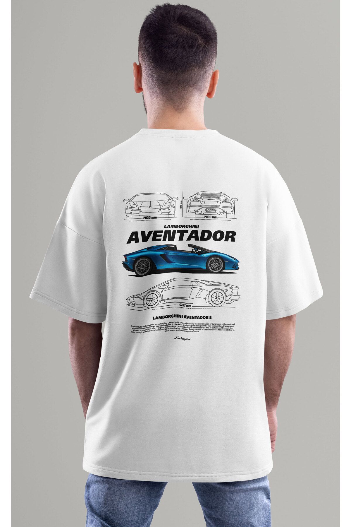ELFAMİ Unisex Erkek/Kadın AVENTADOR S Renkli Özel Baskılı Oversize Pamuklu Bisiklet Yaka T-Shirt Tişört