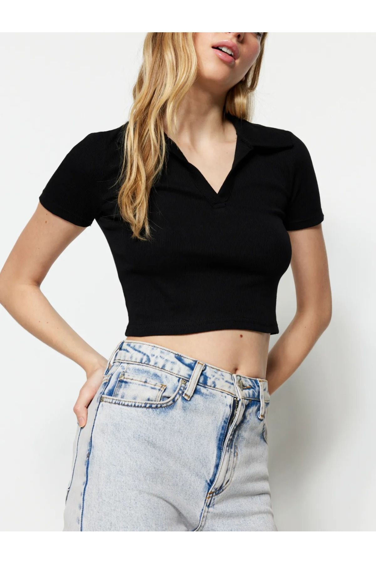 Lacesta Polo Yaka Fitilli Crop