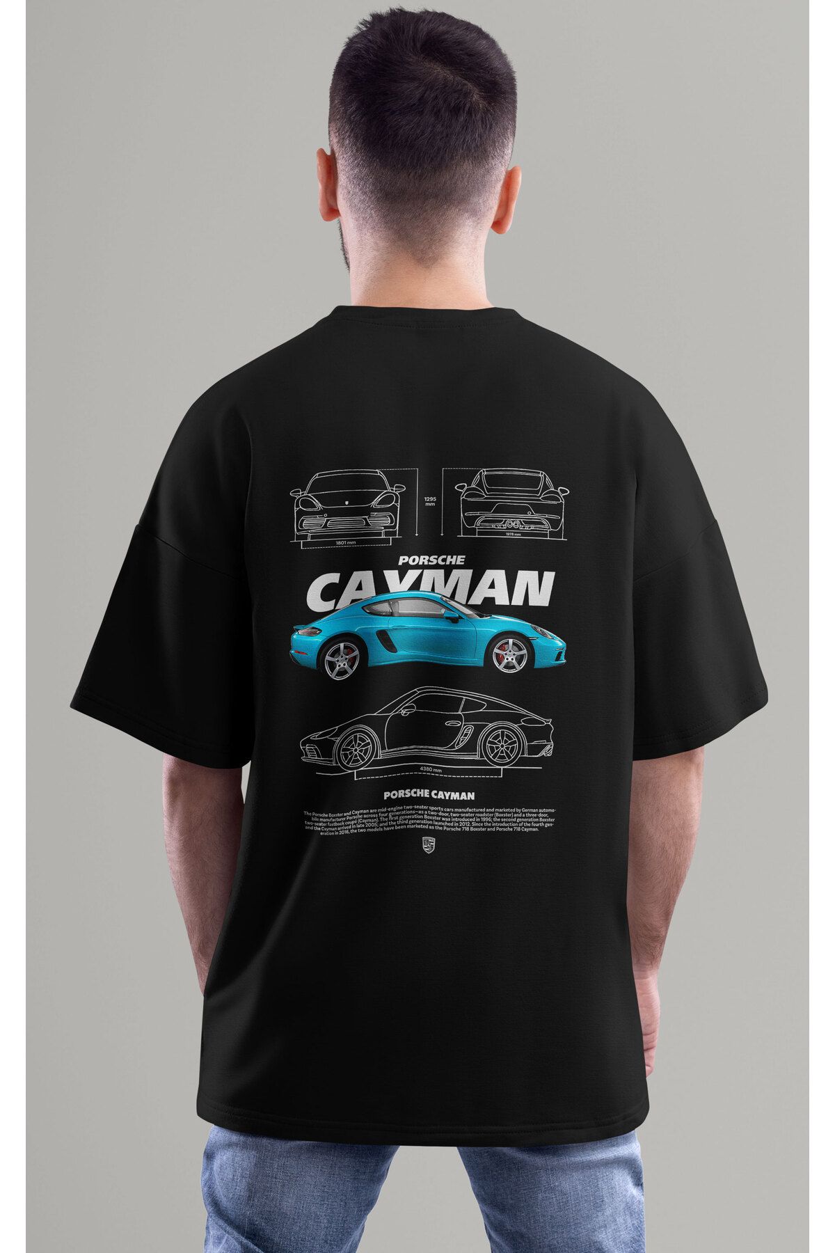 ELFAMİ Unisex Erkek/Kadın PORSCHE CAYMAN Renkli Özel Baskılı Oversize Pamuklu Bisiklet Yaka T-Shirt Tişört