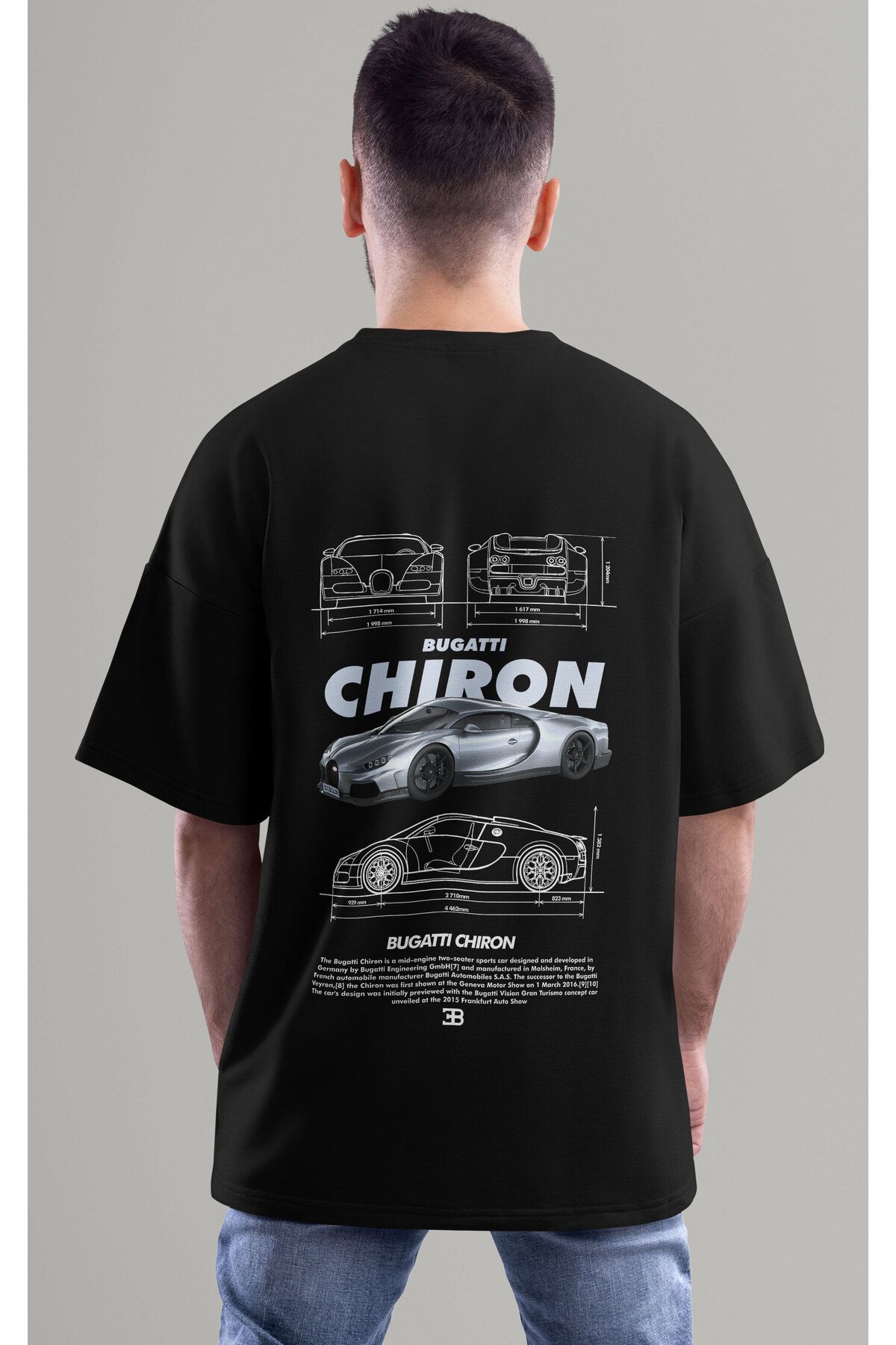 ELFAMİ Unisex Erkek/Kadın BUGATTI CHIRON Renkli Özel Baskılı Oversize Pamuklu Bisiklet Yaka T-Shirt Tişört