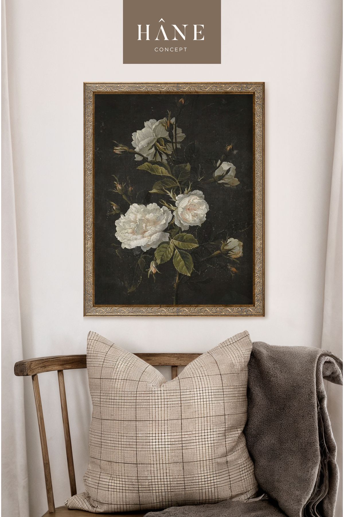 Hane Concept Vintage Beyaz Gül Tablosu, Klasik Çerçeveli Karanlık Fonlu, Hâne Concept Özel Tasarım