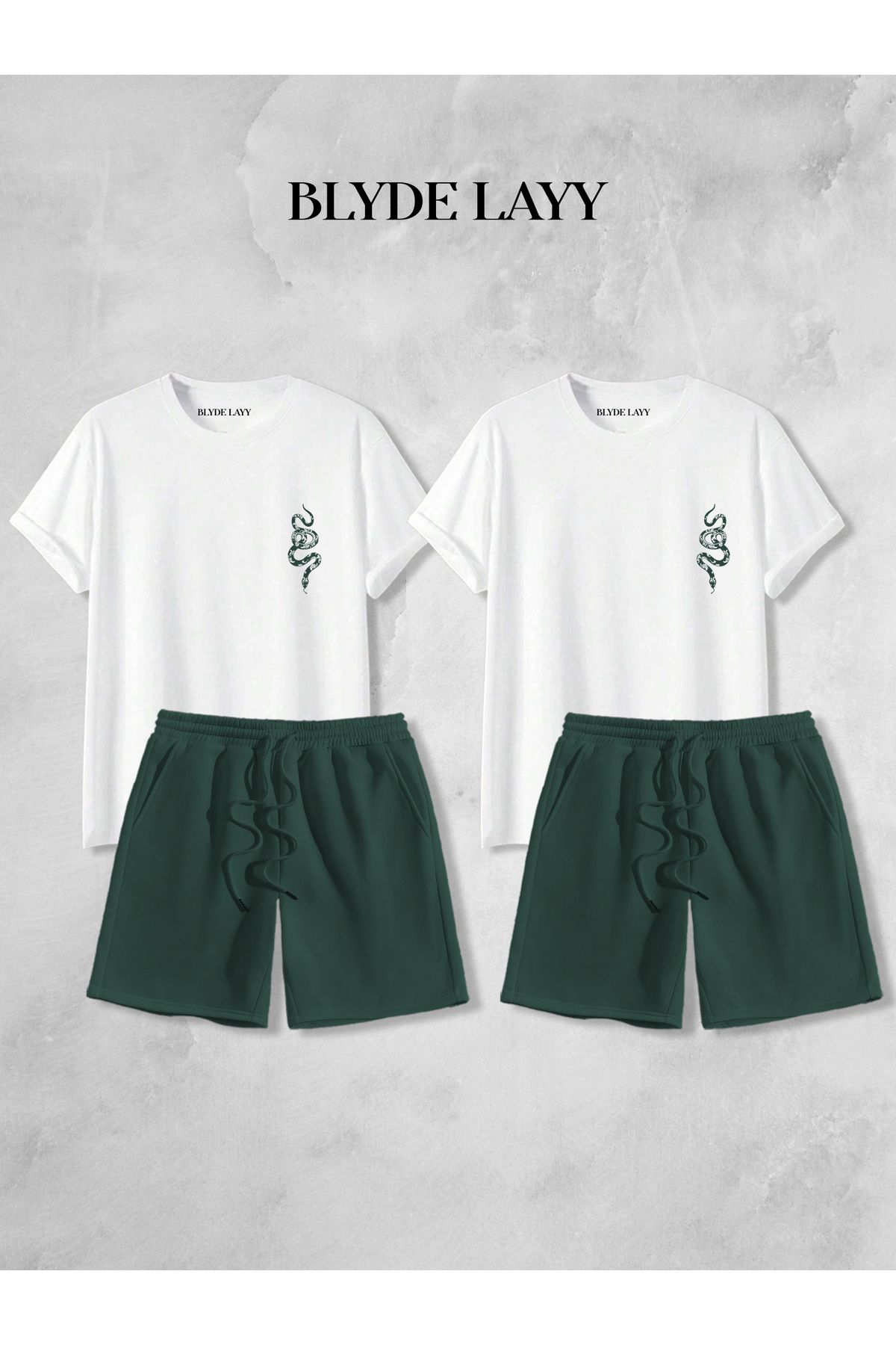 BLYDE LAYY Unisex 2'li Yılan Baskılı Blyde Layy Tasarım Sevgili Kombini (2 Şort - 2 T-shirt Takım)