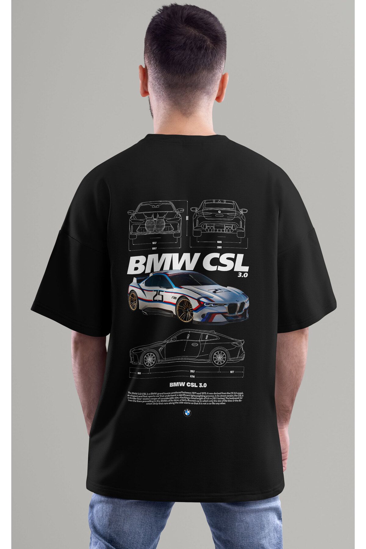 ELFAMİ Unisex Erkek/Kadın BMW CSL Renkli Özel Baskılı Oversize Pamuklu Bisiklet Yaka T-Shirt Tişört
