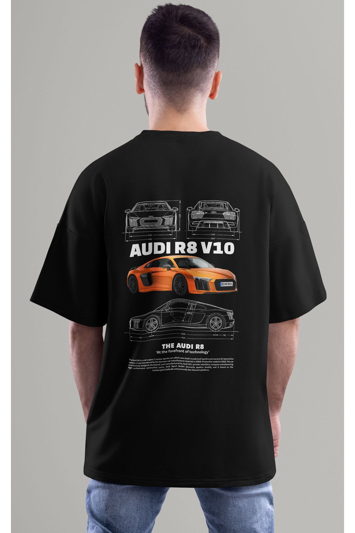 ELFAMİ Unisex Erkek/Kadın AUDI R8 V10 Renkli Özel Baskılı Oversize Pamuklu Bisiklet Yaka T-Shirt Tişört