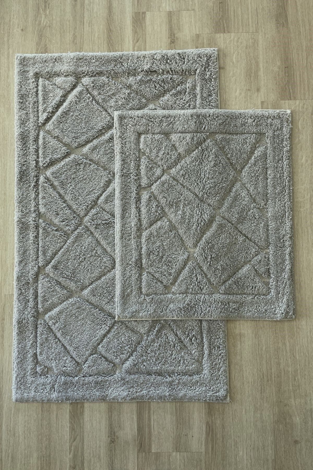 Zeria Home Pamuk Tafting Su Emici Yumuşak Dokulu Banyo Paspas Seti, Banyo Halısı 2 Li Set 60x100 - 50x60