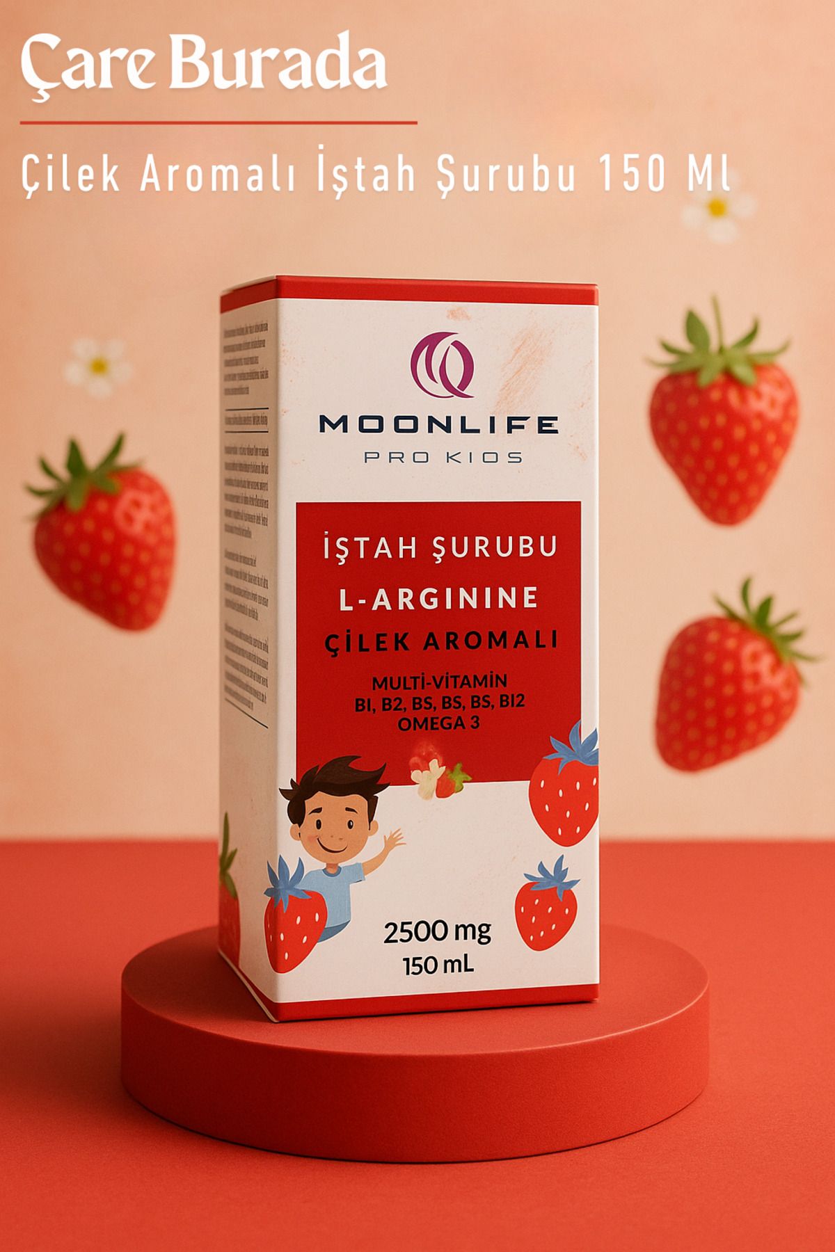 Çare Burada Moonlife - Çilek Aromalı İştah Şurubu 2500 mg (L-Arginine & Omega 3 & Multivitamin)