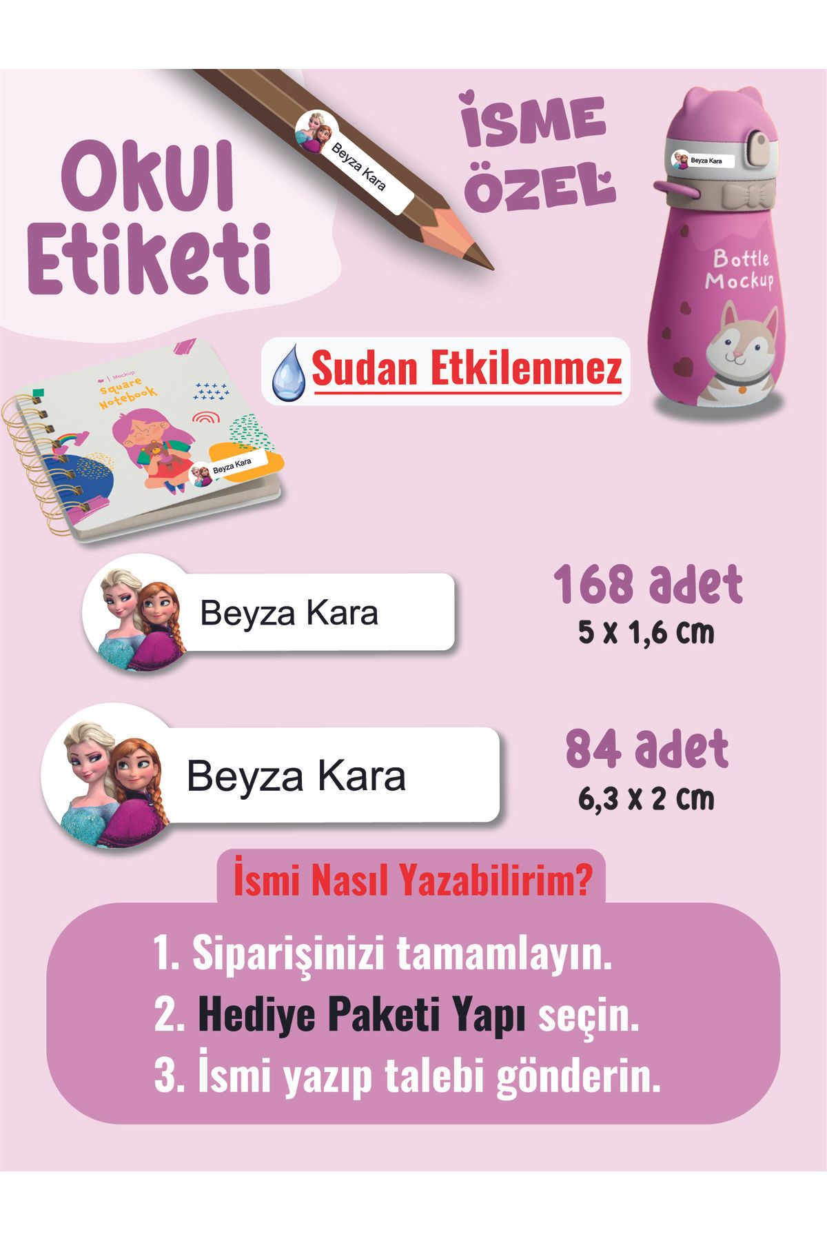 YUNUS COPY Okul Etiketi Kalem Defter Etiketi Karlar Prensesi Temalı Özel İsim Yazılabilen Etiket - 252Adet