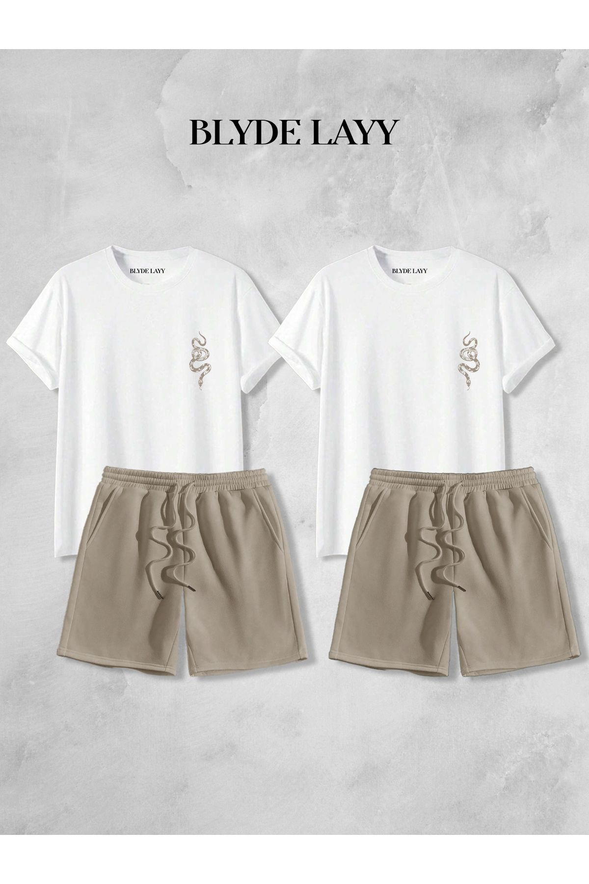 BLYDE LAYY Unisex 2'li Yılan Baskılı Blyde Layy Tasarım Sevgili Kombini (2 Şort - 2 T-shirt Takım)