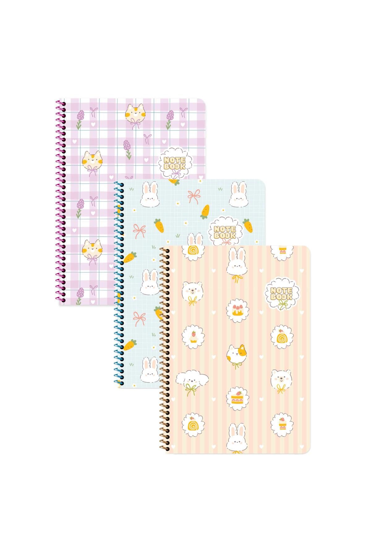 Keskin Colors Keskin Color Kawaii Çizgili Stickerli Defter Seti 3 Adet | 16,5 x 22,5 cm | Spiralli – 80 Yaprak