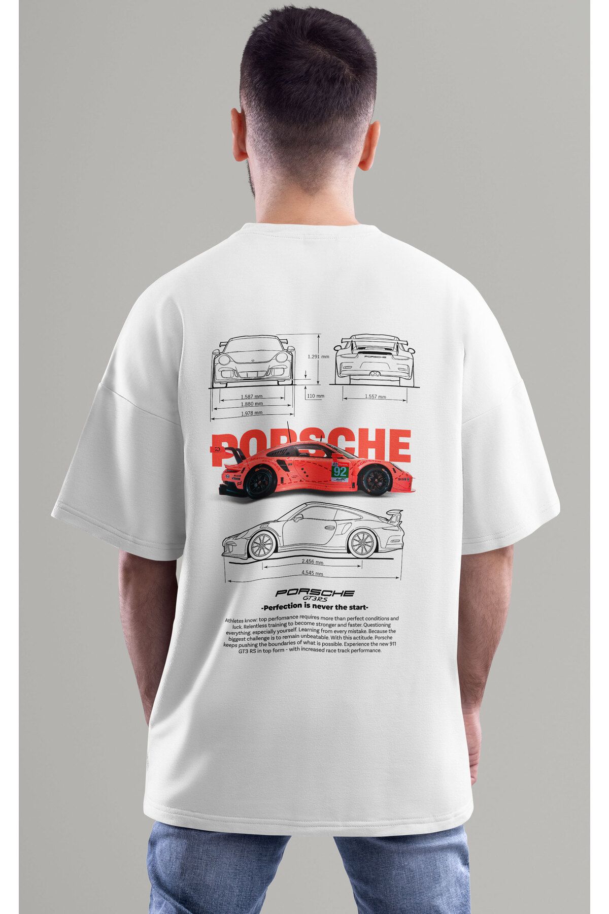 ELFAMİ Unisex Erkek/Kadın PORSCHE GT3 Renkli Özel Baskılı Oversize Pamuklu Bisiklet Yaka T-Shirt Tişört