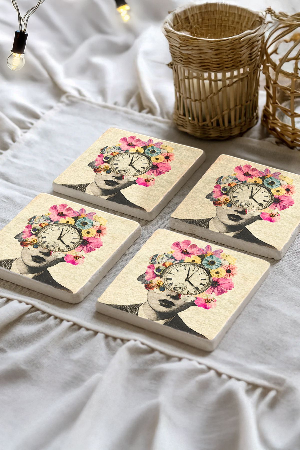 Sionar Carmiretta Desenleri Taş Traverten Fincan Bardak Altlığı 4'lü Set 10x10x1cm