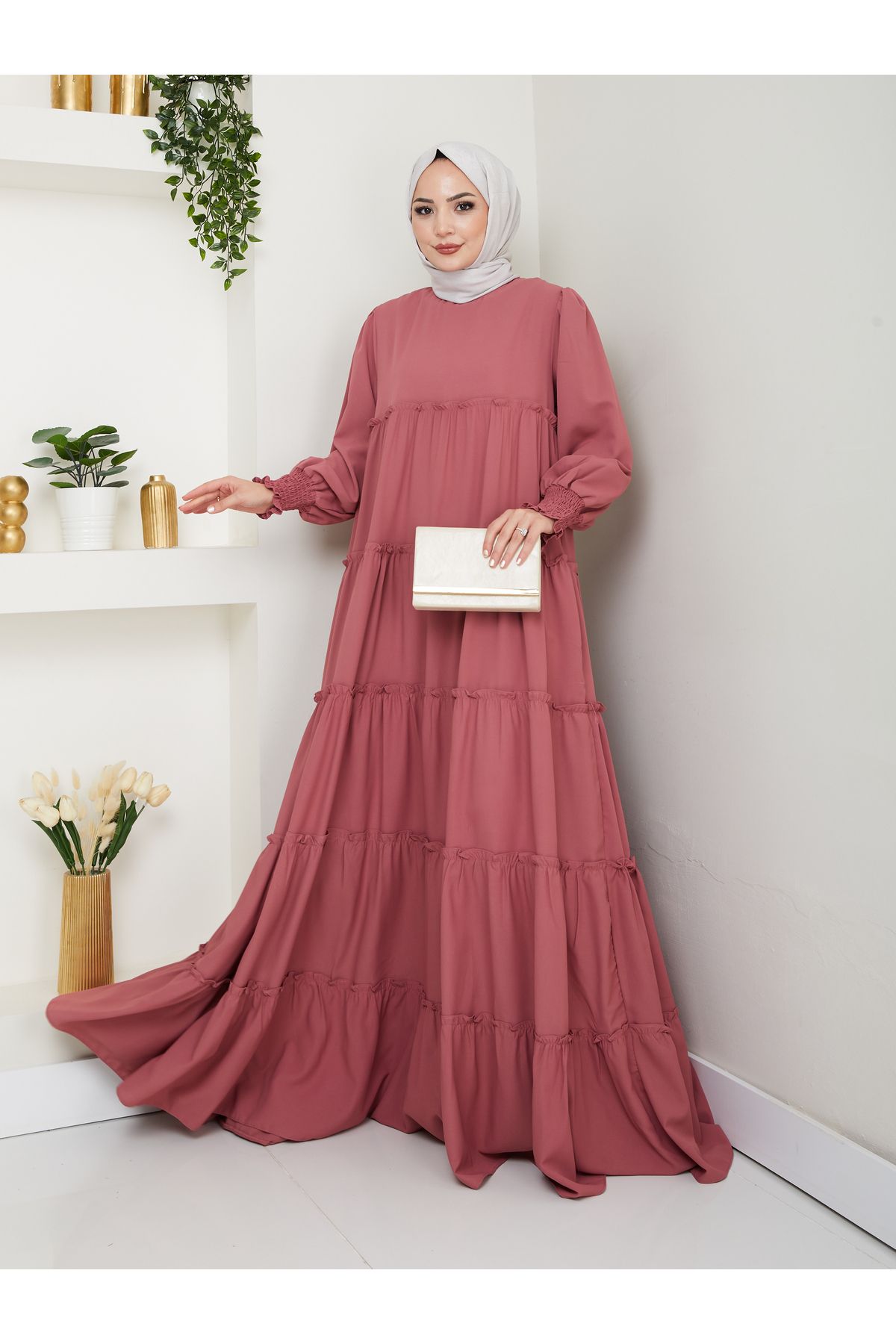 EFSUN MODA KATLI ELBİSE GİPELİ MANŞET KOLU TESETTÜR ELBİSE