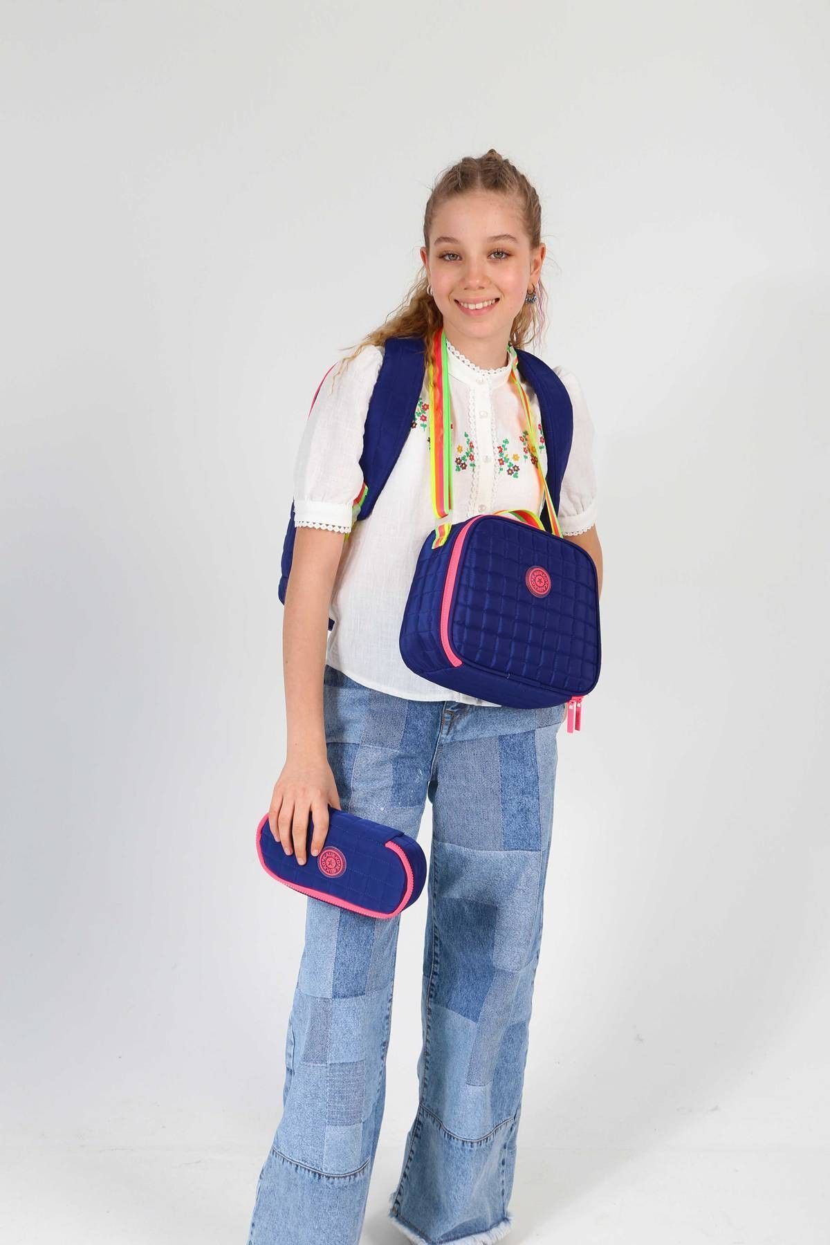 KAUKKO-Set ghiozdan matlasat albastru bleumarin roz matlasat triplu - fetiță 2