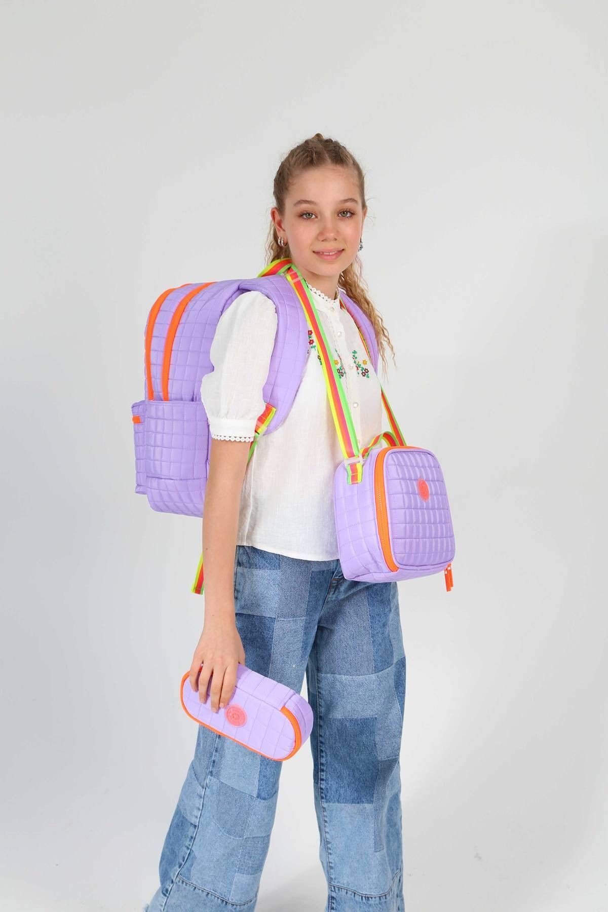 KAUKKO-Set ghiozdan matlasat violet portocaliu matlasat triplu - fetiță 2