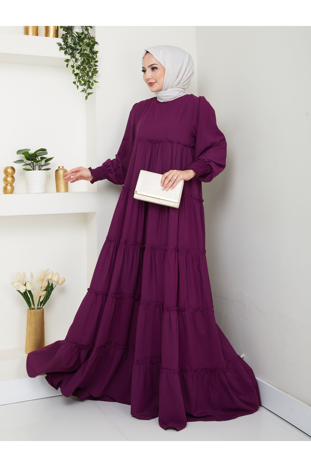 EFSUN MODA KATLI ELBİSE GİPELİ MANŞET KOLU TESETTÜR ELBİSE
