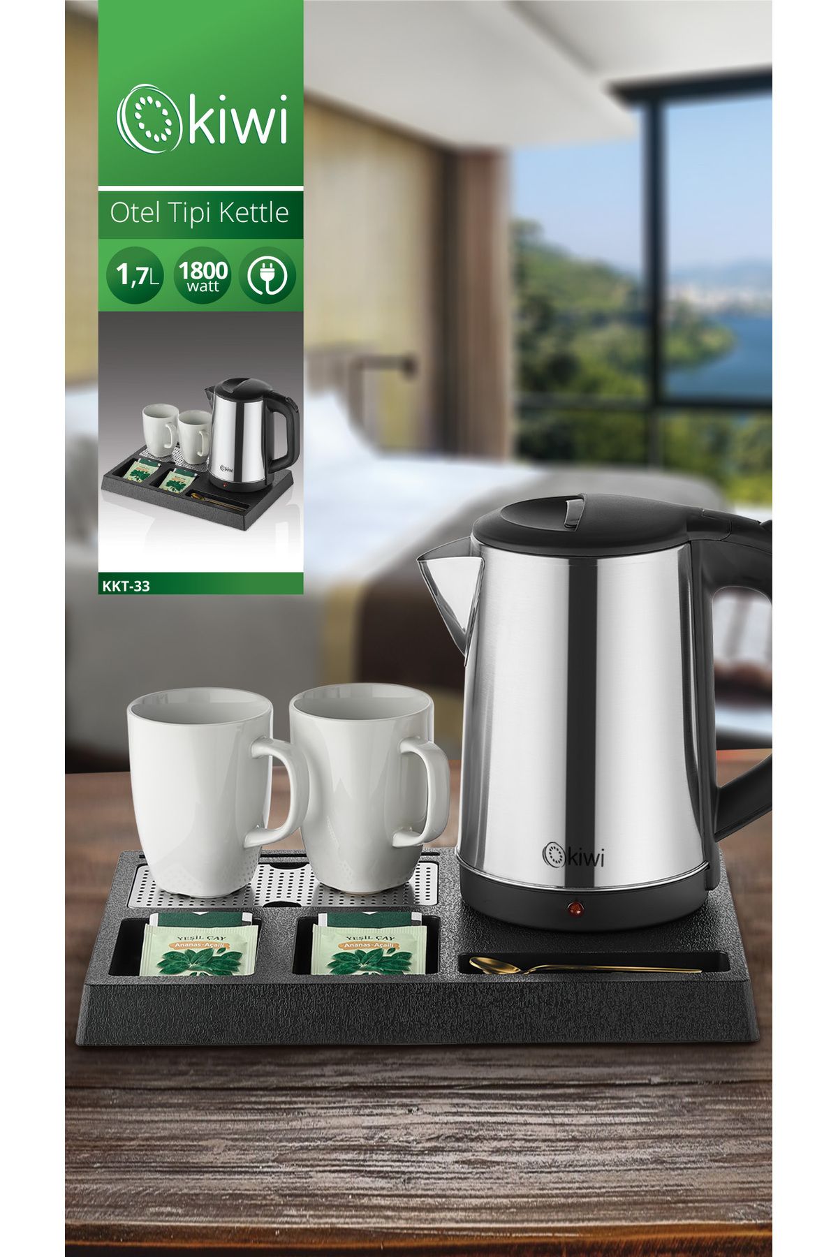 ELECTROPET KİWİ Kkt-33 Karşılama Tepsili Paslanmaz Çelik Otel Tipi Kettle