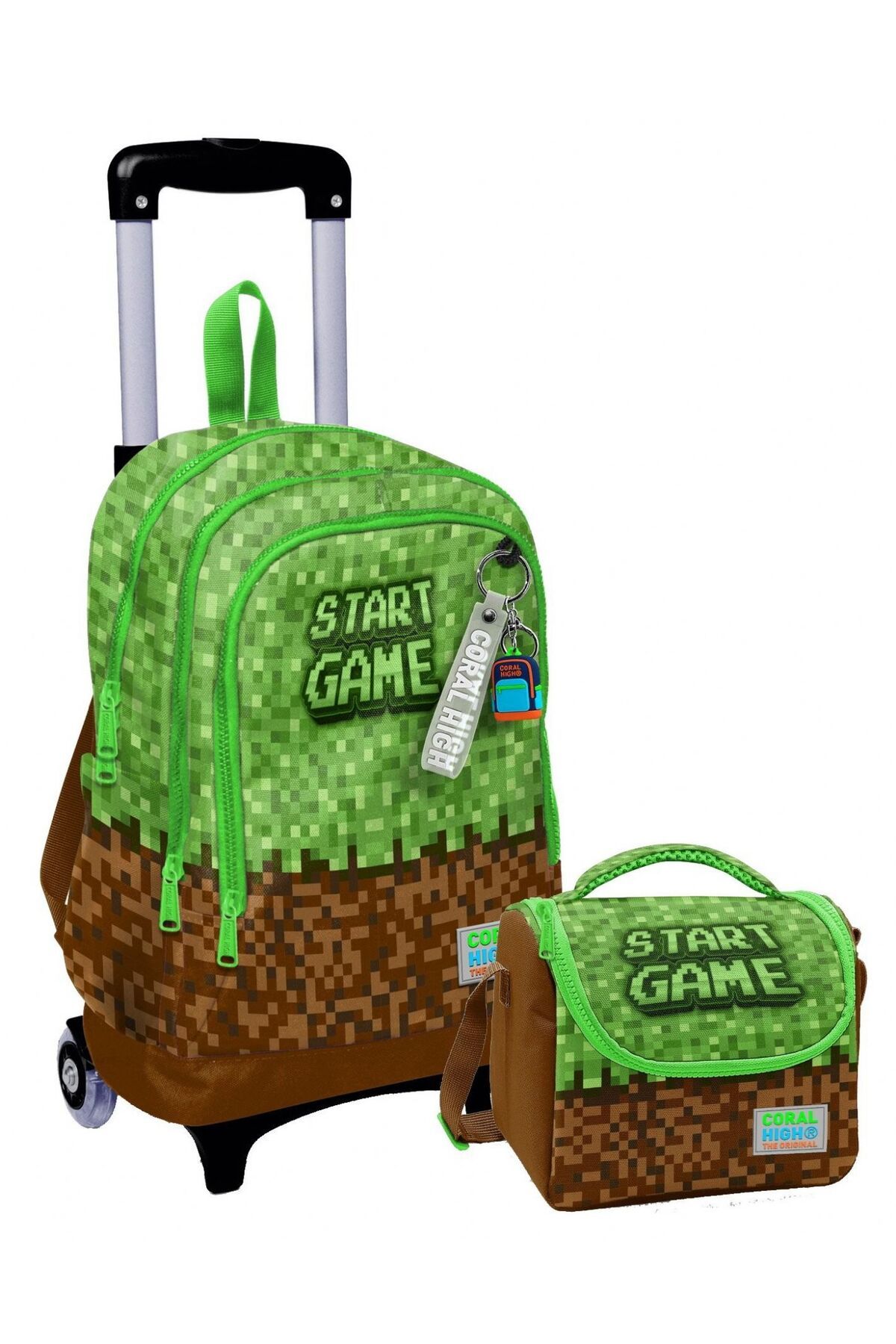 Coral High Işıklı Çekçek Okul Çanta + Beslenme Çantası - Erkek - Yeşil Kahverengi Craft