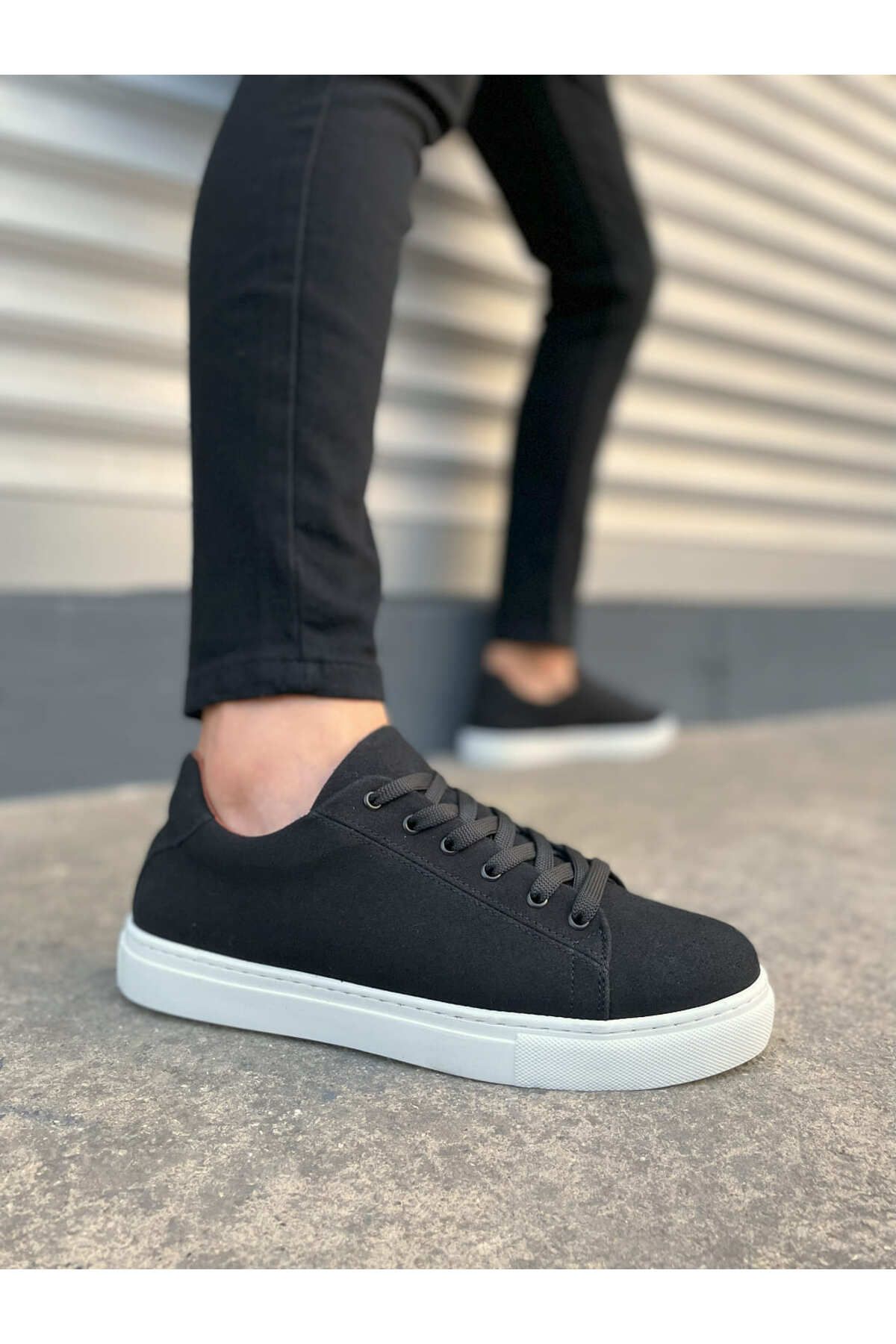 MEVESE Siyah Beyaz Mode Bağcıklı Süet Erkek Günlük Sneaker Ayakkabı