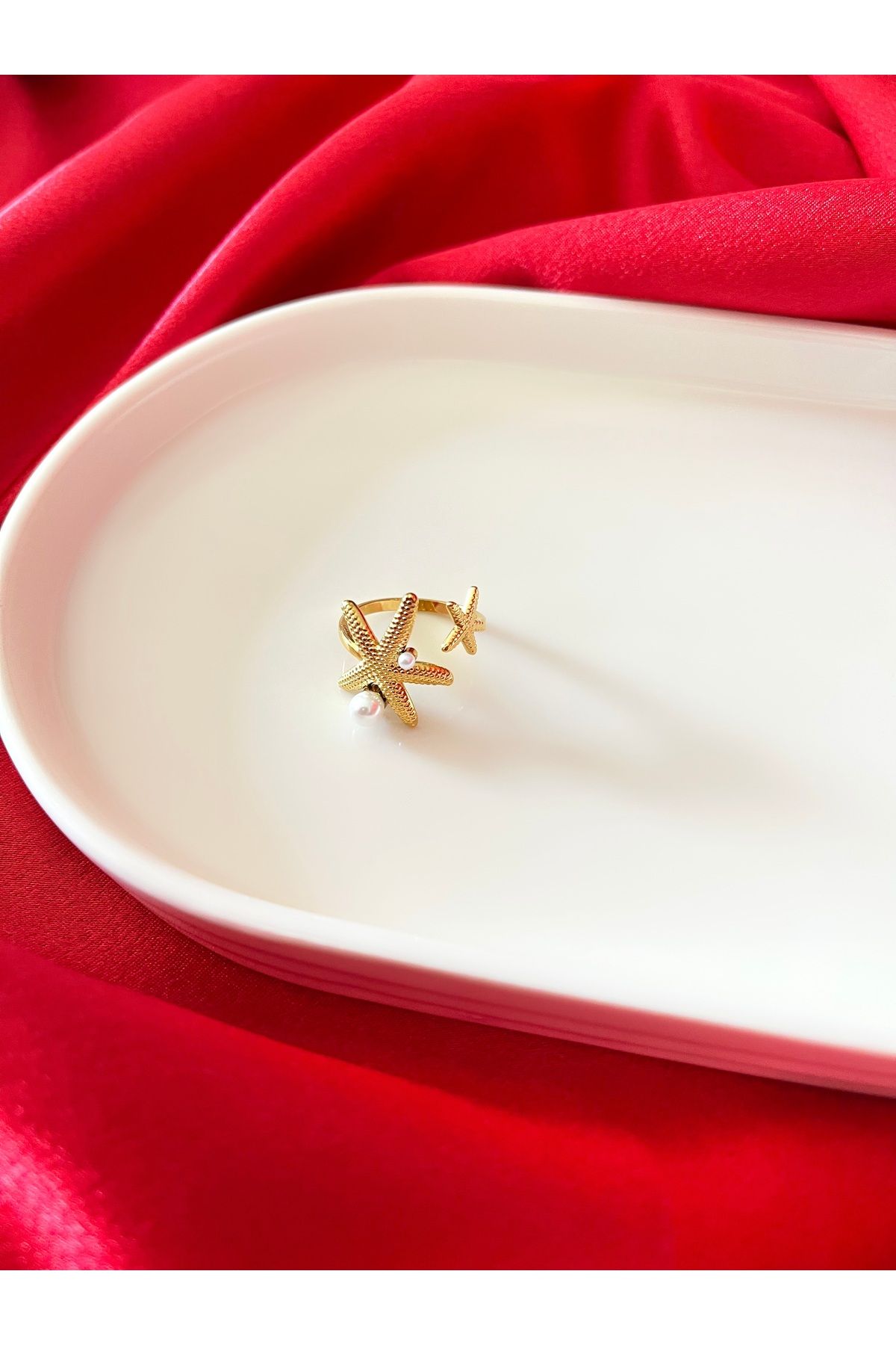 Butik Yıldız İnci Detay Gold Çelik Yüzük