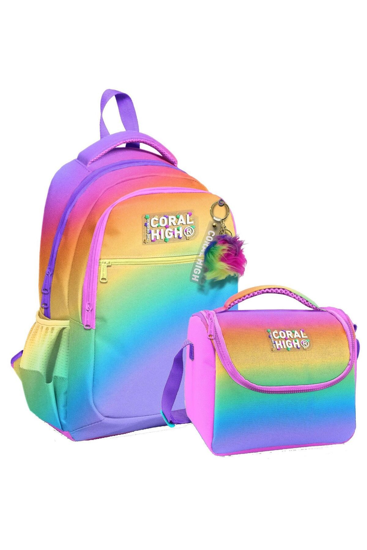 Coral High Coral HighKızlar İçin Üç Gözlü Çok Renkli Renk Geçişli Gradyan Okul Sırt Çantası ve Beslenme Çantası