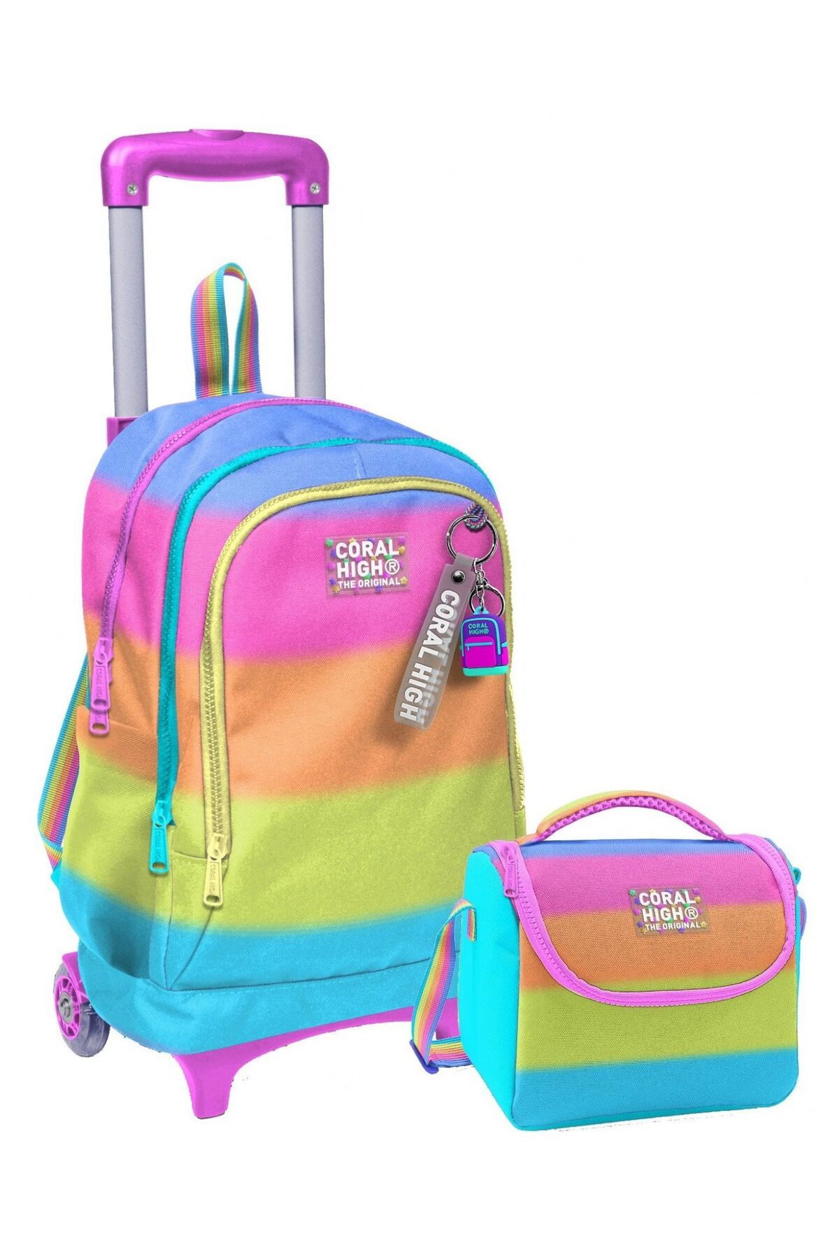 Coral High Işıklı Çekçek Okul Çanta + Beslenme Çantası - Kız - Pembe Turuncu Renk Geçişli