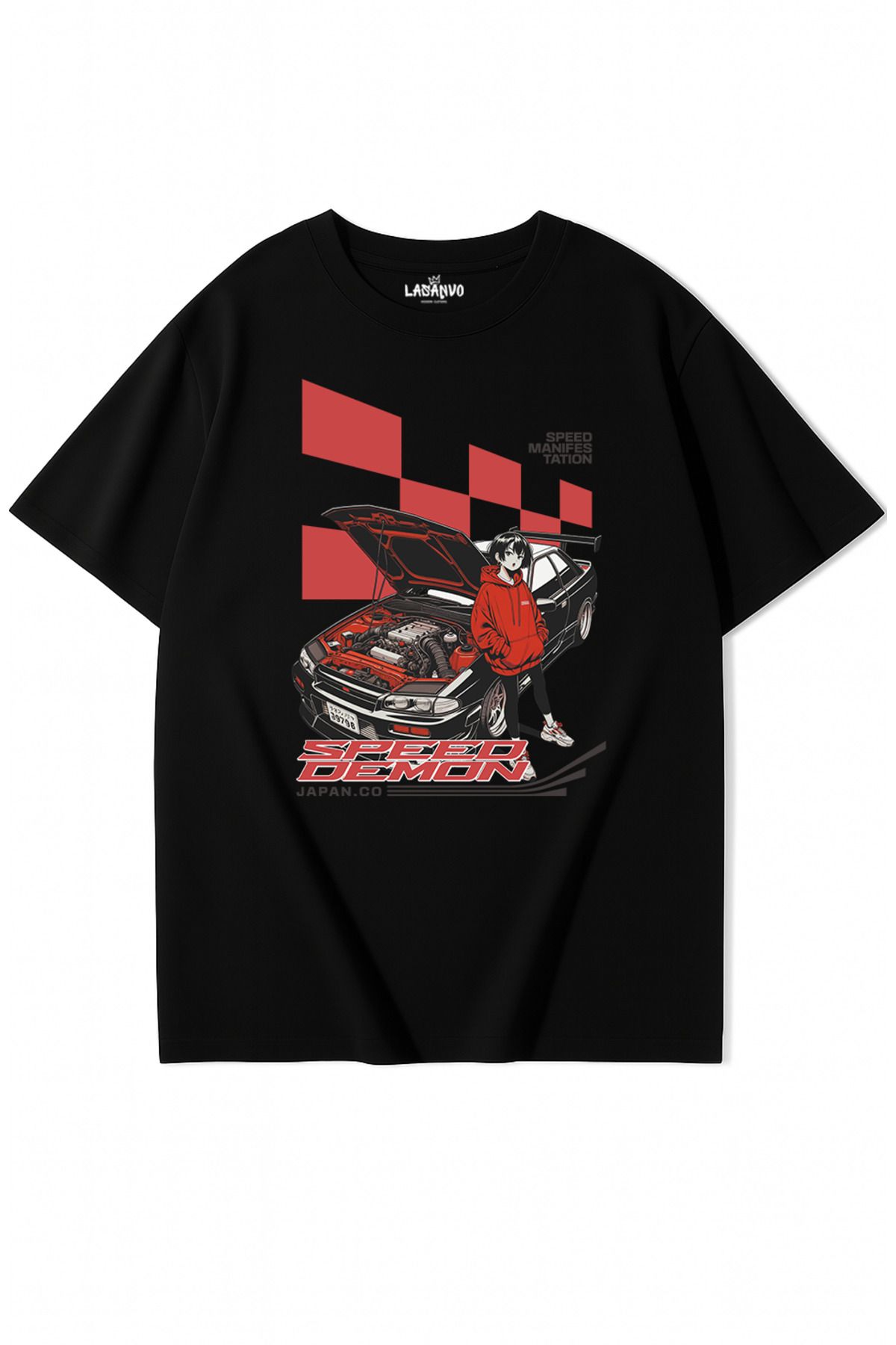 Lasanvo Unisex Oversize Speed Demon Anime Araba Temalı T-shirt