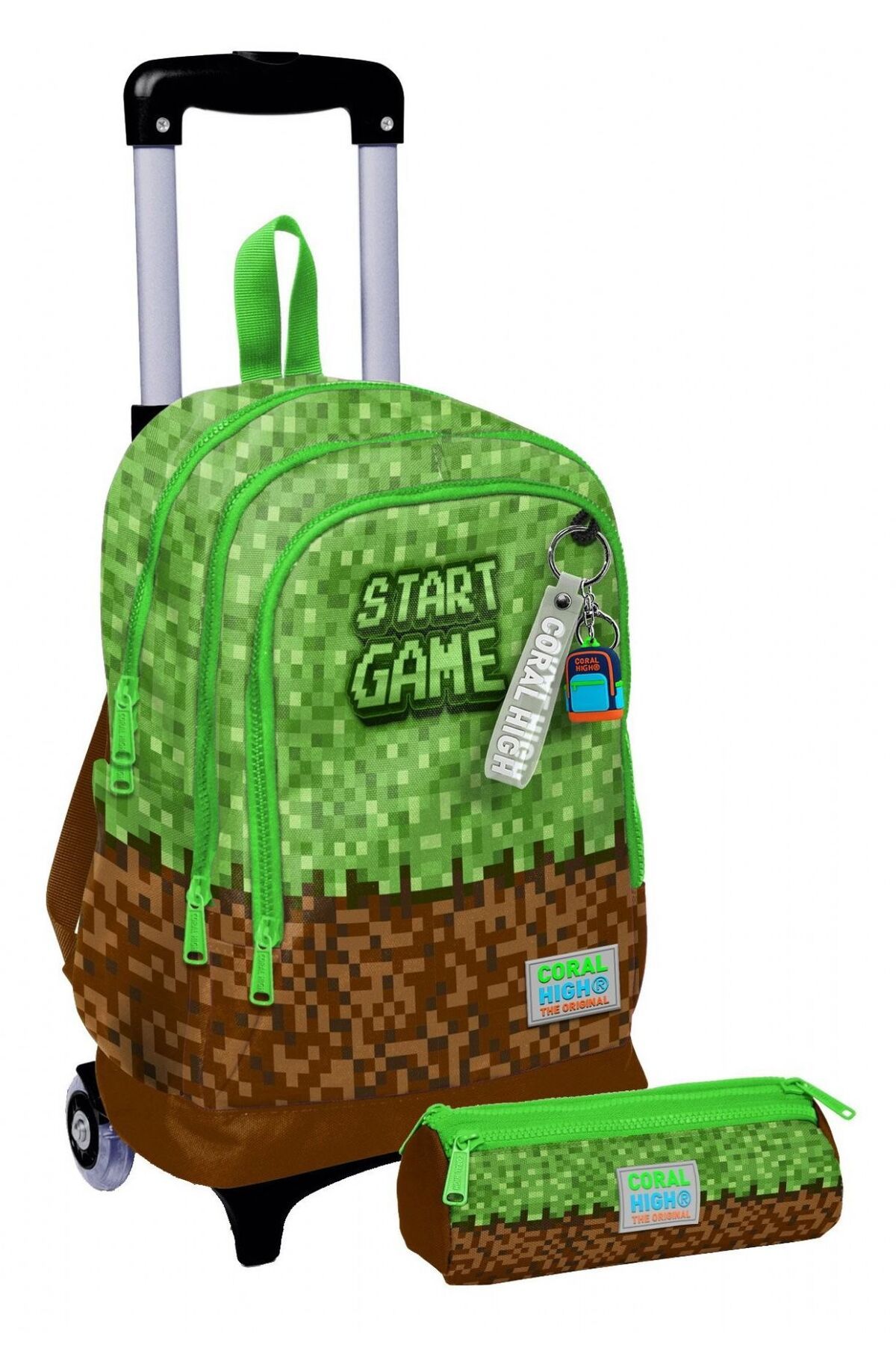 Coral High Işıklı Erkek Çocuk, Yeşil Kahverengi Craft Baskılı, İlkokul Çekçek Çanta ve Kalemlik Seti
