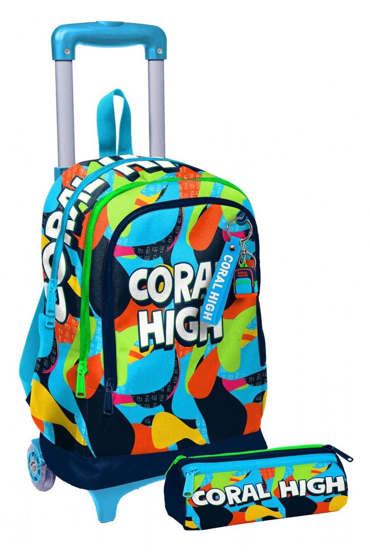 Coral High Işıklı Erkek Çocuk, Lacivert Mavi Grafiti Baskılı, İlkokul Çekçek Çanta ve Kalemlik Seti