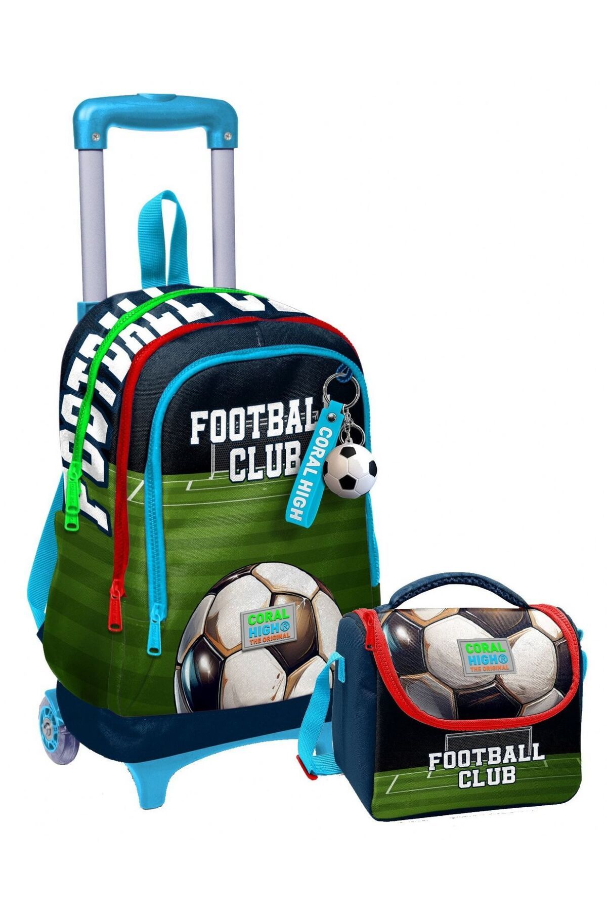 Coral High Işıklı Çekçek Okul Çanta + Isı Yalıtımlı Beslenme Çantası - Erkek - Lacivert Yeşil Futbol