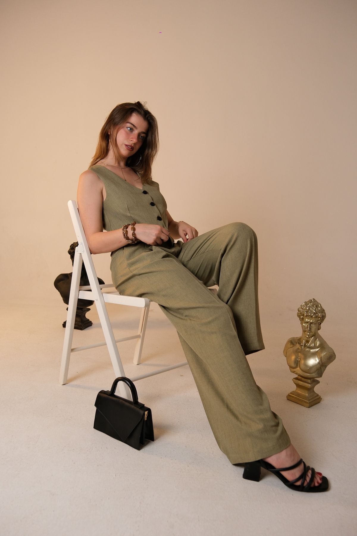 0pia Collection Olive Green Keten Yelek-Pantolon Takım