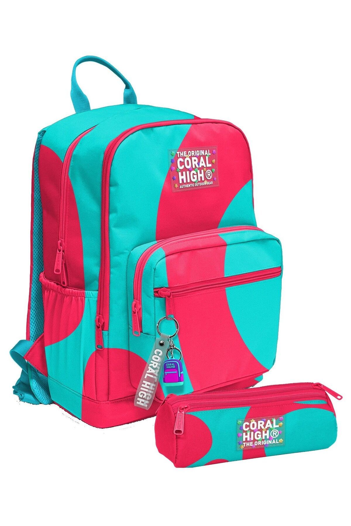 Coral High Kız Çocuk Sırt Çantası ve Kalemlik Seti - Kırmızı Turkuaz Renkli Çizgili - İlkokul