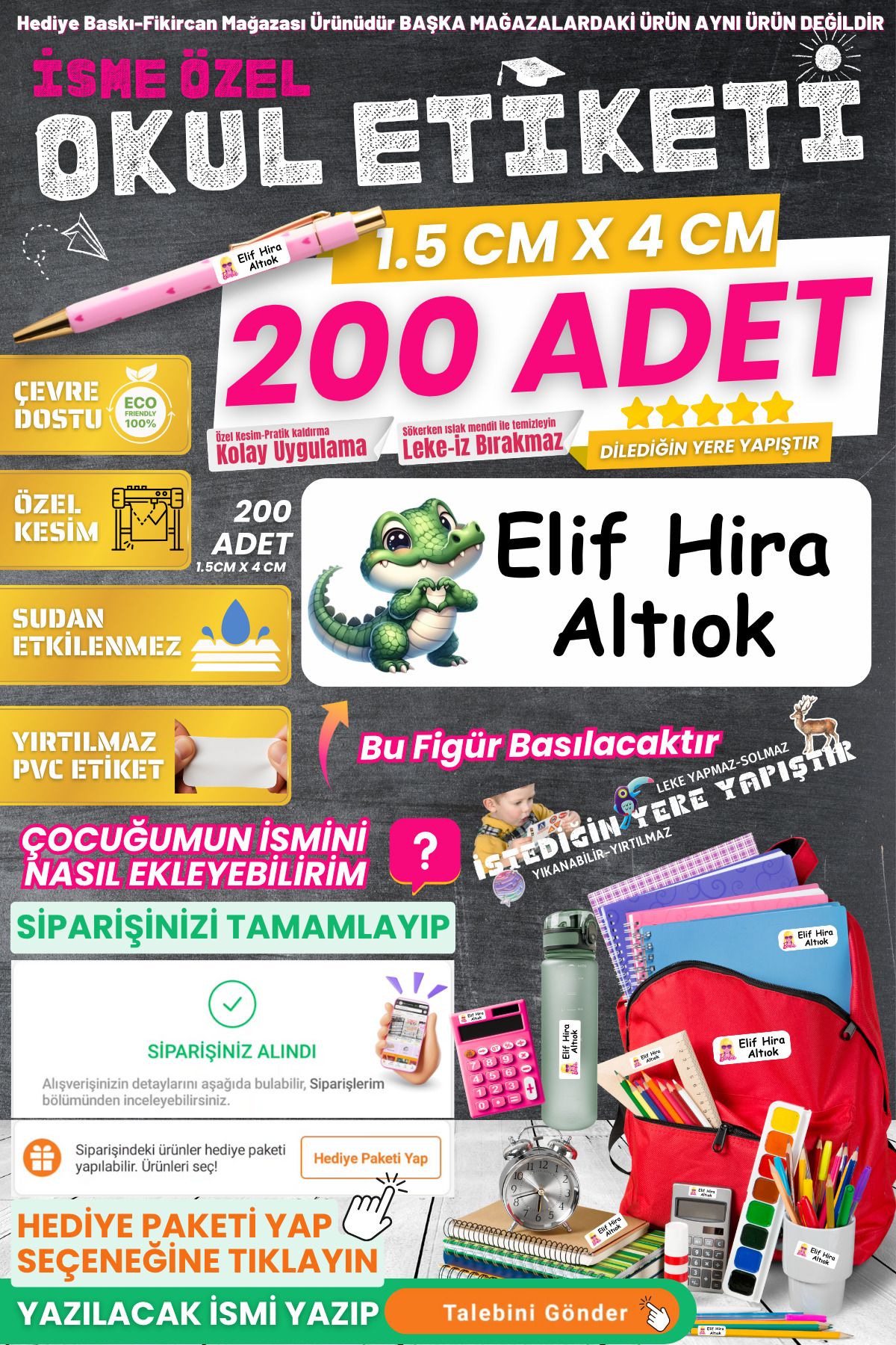 FİKİRCAN Fikircan-İsme Özel Okul Etiketi-SEVİMLİ DİNOZOR 200 Adet - Kokusuz Ekolojik Mürekkep PVC ETİKET