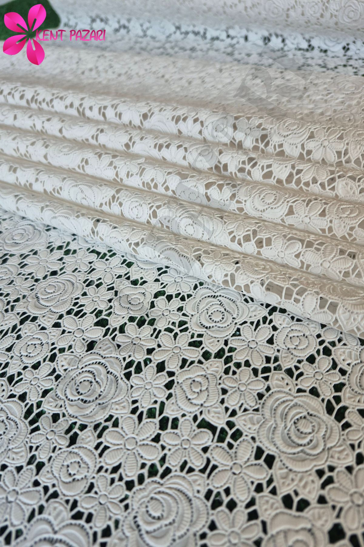 Kent Pazarı Kaydırmaz Beyaz Dantel Örtü 50x400 (±10-15) cm | Güpür Raf Örtüsü - Masa, Dolap,Çekmece İçin Örtü