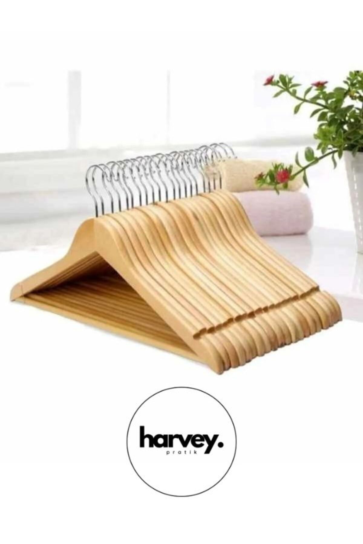 Harvey 12 Adet Ahşap Cilalı Pürüzsüz Naturel Elbise Askısı