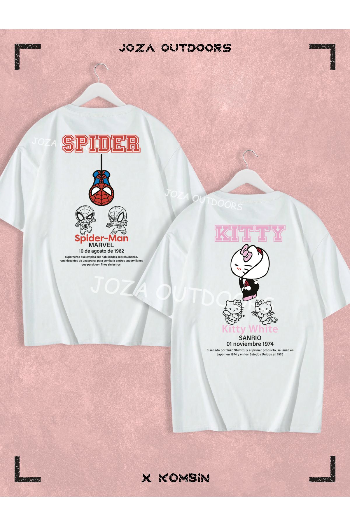 Joza Outdoors Kadın Erkek Kitty Spider Yazılı SIRT Baskılı Sevgili Çift Kombini Oversize Tshirt 2'li Takım